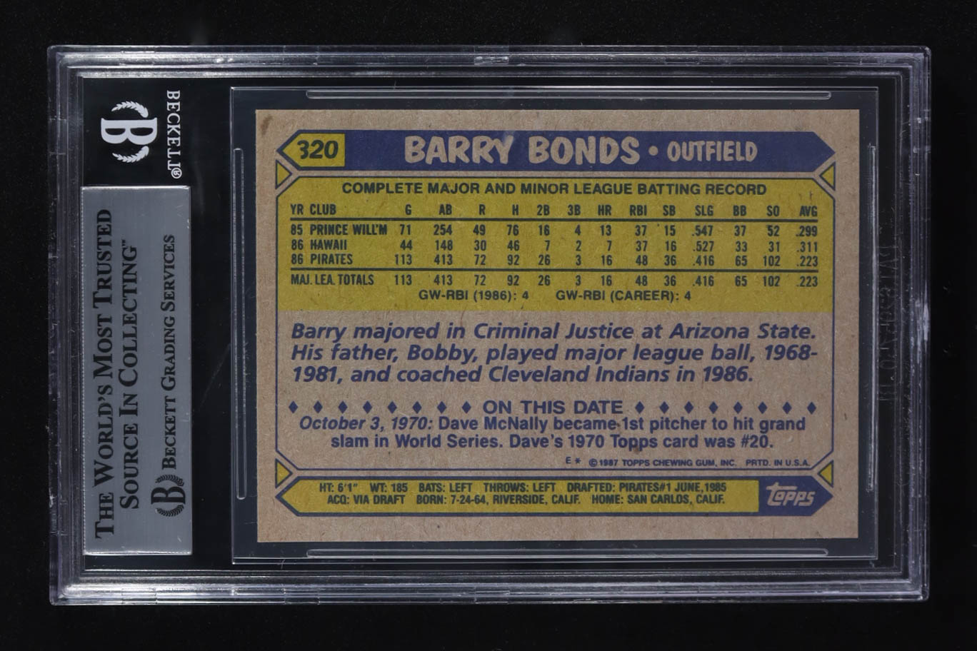 Barry Bonds 1987 Topps #320 RC (BGS 8.5) at PristineAuction.com Barry Bonds 1987 Topps #320 RC (BGS 8.5) at PristineAuction.com