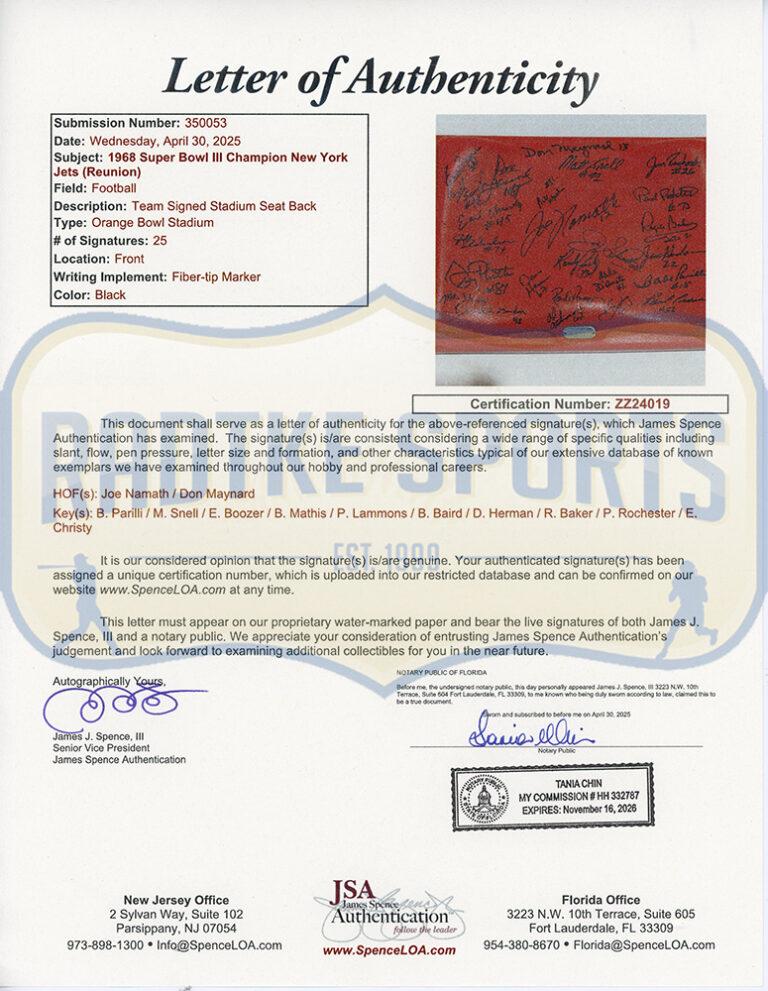 1969 Jets Orange Bowl Stadium Seatback Team-Signed By (25) with Joe Namath, Don Maynard, Babe Parilli (JSA) at PristineAuction.com 1969 Jets Orange Bowl Stadium Seatback Team-Signed By (25) with Joe Namath, Don Maynard, Babe Parilli (JSA) at PristineAuction.com