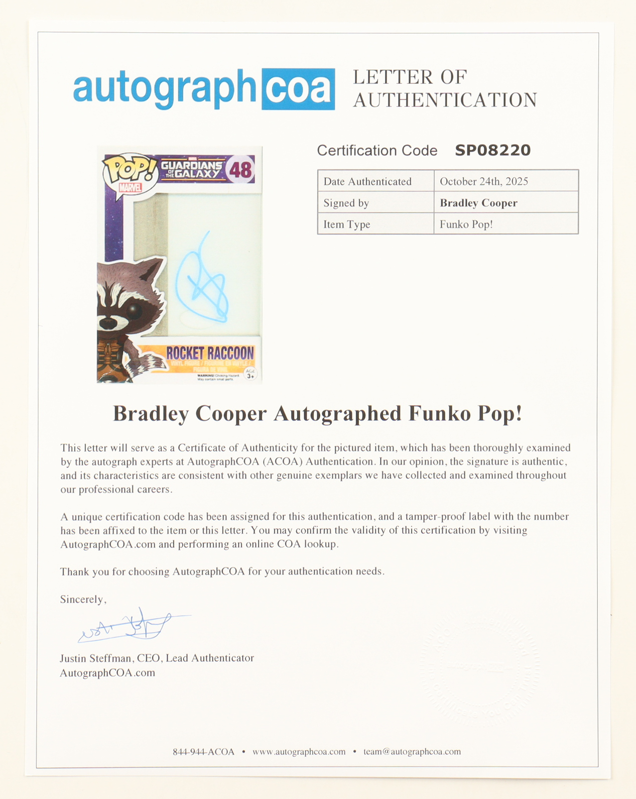 Bradley Cooper Signed "Guardians Of The Galaxy" #48 Rocket Raccoon Bobble-Head Funko Pop! Vinyl Figure (ACOA) at PristineAuction.com Bradley Cooper Signed "Guardians Of The Galaxy" #48 Rocket Raccoon Bobble-Head Funko Pop! Vinyl Figure (ACOA) at PristineAuction.com