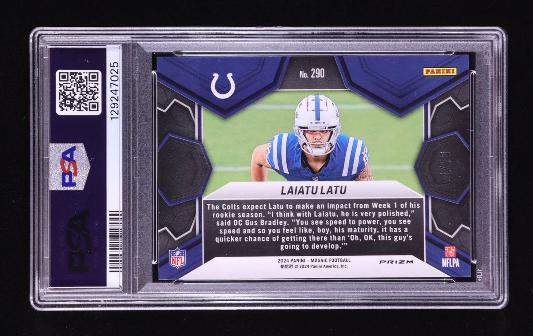 Laiatu Latu 2024 Panini Mosaic Mosaic Pink Swirl #290 DEB RC #03/13 (PSA 10) at PristineAuction.com Laiatu Latu 2024 Panini Mosaic Mosaic Pink Swirl #290 DEB RC #03/13 (PSA 10) at PristineAuction.com