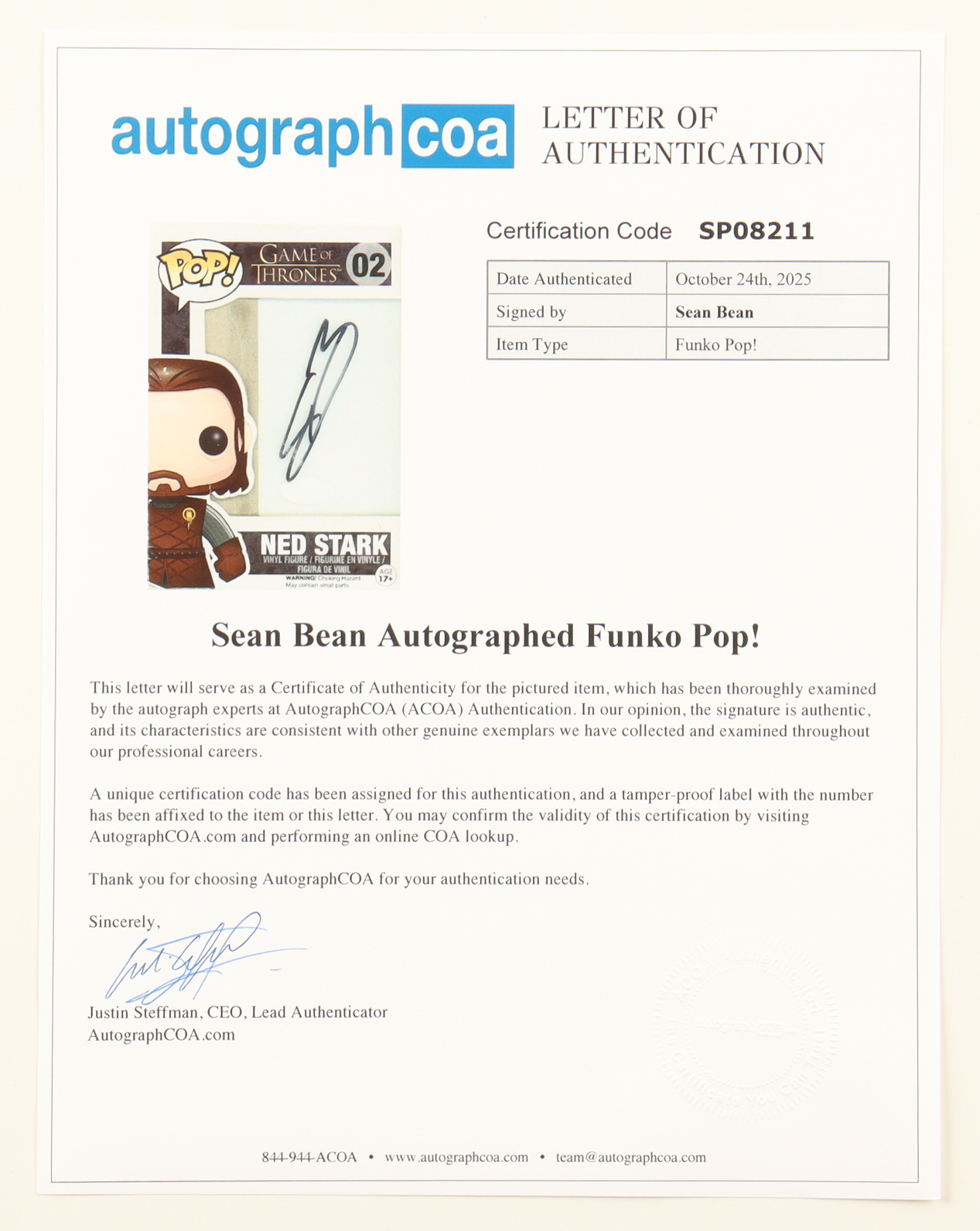 Sean Bean Signed "Game of Thrones" #02 Ned Stark Funko Pop! Vinyl Figure (ACOA) at PristineAuction.com Sean Bean Signed "Game of Thrones" #02 Ned Stark Funko Pop! Vinyl Figure (ACOA) at PristineAuction.com