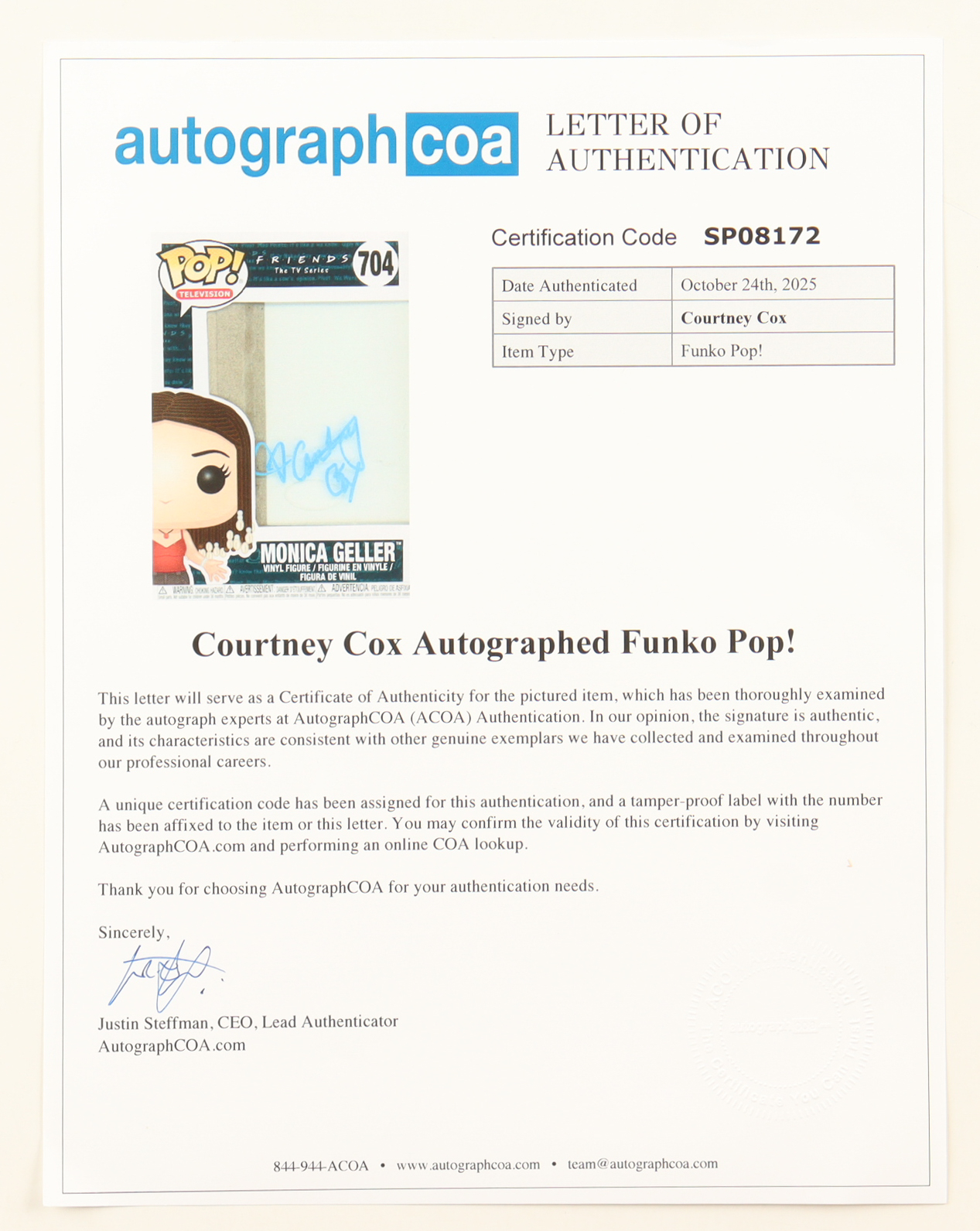 Courtney Cox Signed "Friends" #704 Monica Geller Funko Pop! Vinyl Figure (ACOA) at PristineAuction.com Courtney Cox Signed "Friends" #704 Monica Geller Funko Pop! Vinyl Figure (ACOA) at PristineAuction.com