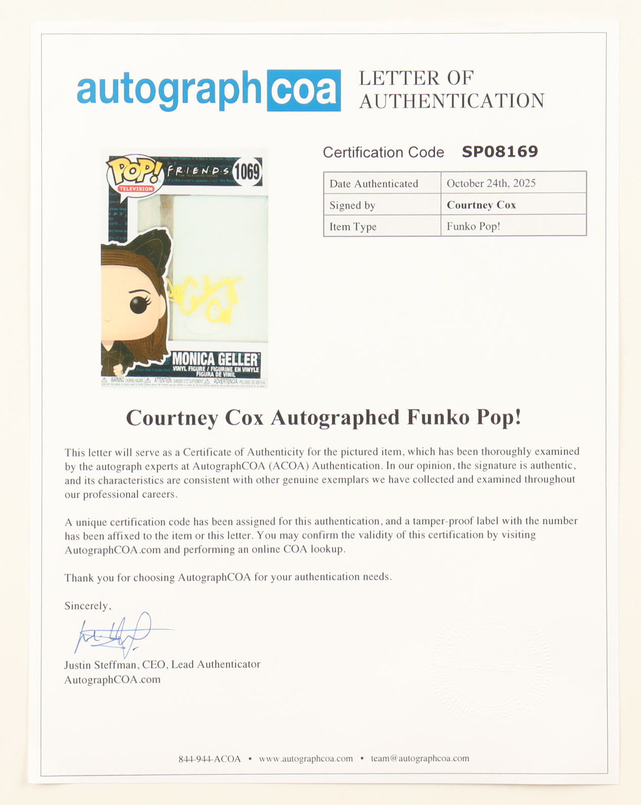 Courtney Cox Signed "Friends" #1069 Monica Geller Funko Pop! Vinyl Figure (ACOA) at PristineAuction.com Courtney Cox Signed "Friends" #1069 Monica Geller Funko Pop! Vinyl Figure (ACOA) at PristineAuction.com