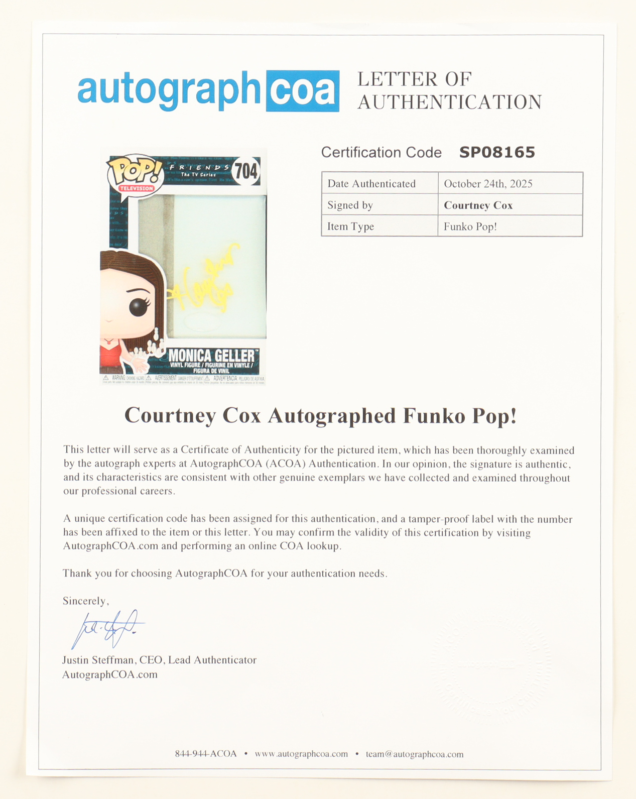 Courtney Cox Signed "Friends" #704 Monica Geller Funko Pop! Vinyl Figure (ACOA) at PristineAuction.com Courtney Cox Signed "Friends" #704 Monica Geller Funko Pop! Vinyl Figure (ACOA) at PristineAuction.com