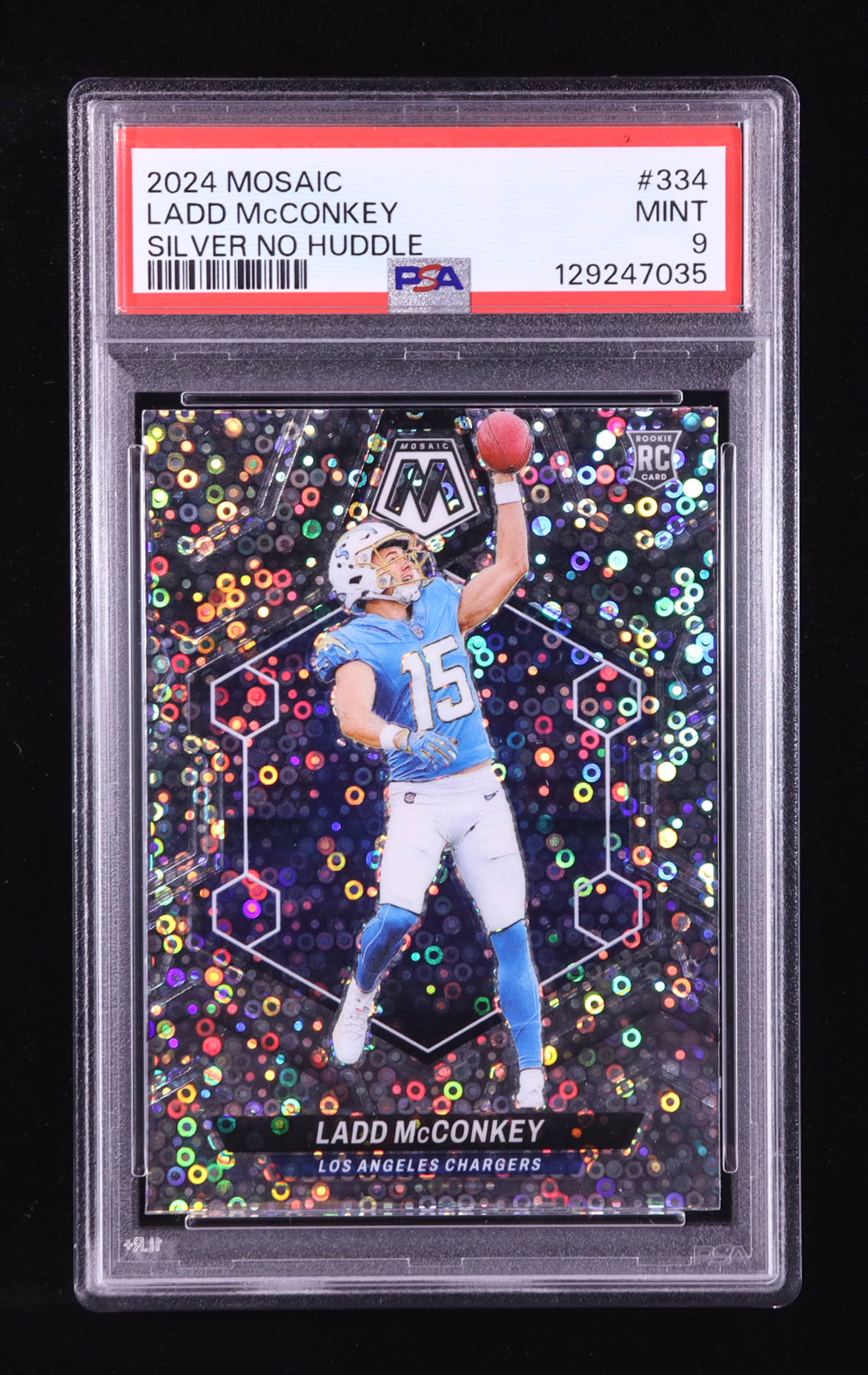 Ladd McConkey 2024 Panini Mosaic Mosaic No Huddle Silver #334 RC (PSA 9) at PristineAuction.com Ladd McConkey 2024 Panini Mosaic Mosaic No Huddle Silver #334 RC (PSA 9) at PristineAuction.com