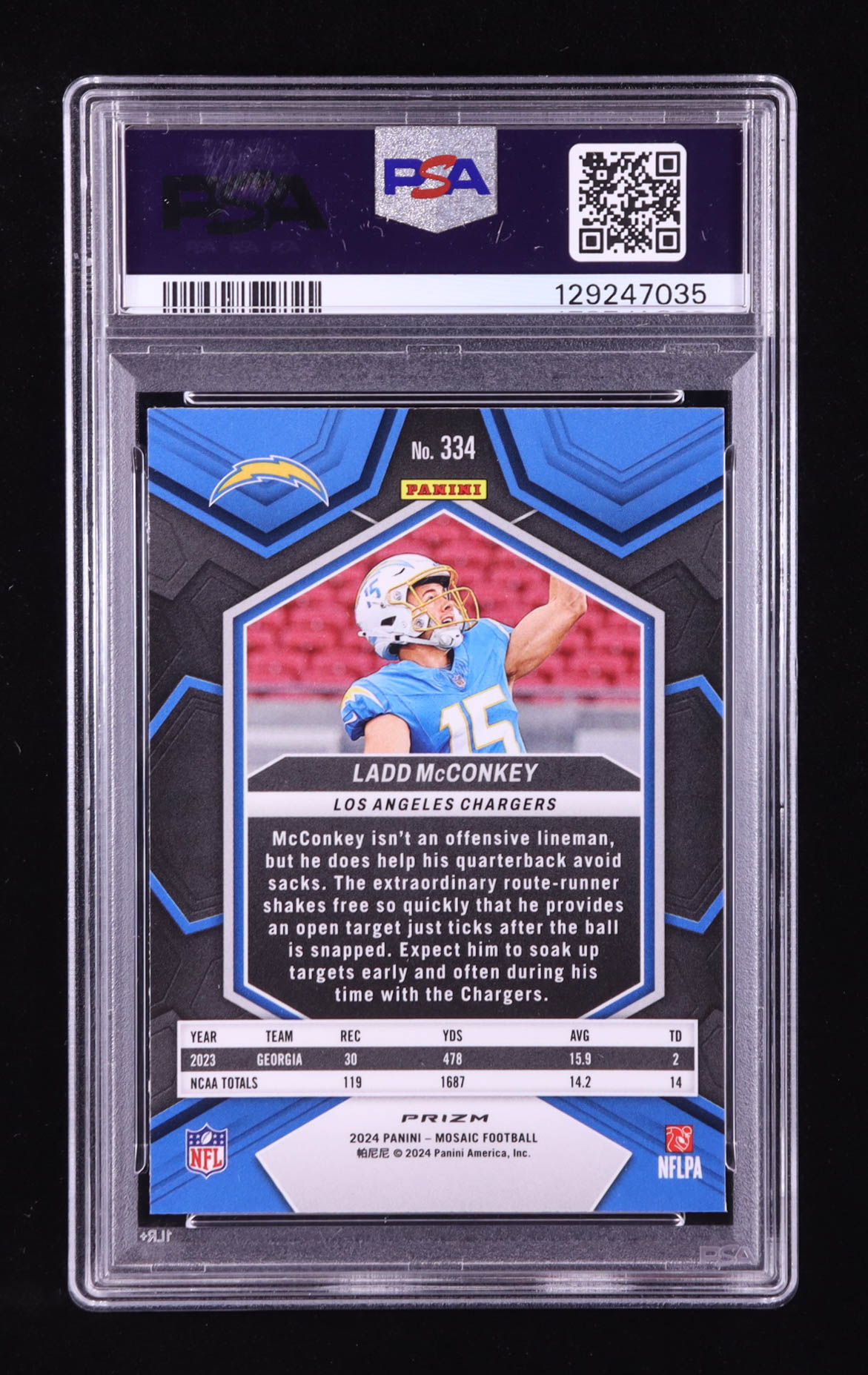 Ladd McConkey 2024 Panini Mosaic Mosaic No Huddle Silver #334 RC (PSA 9) at PristineAuction.com Ladd McConkey 2024 Panini Mosaic Mosaic No Huddle Silver #334 RC (PSA 9) at PristineAuction.com
