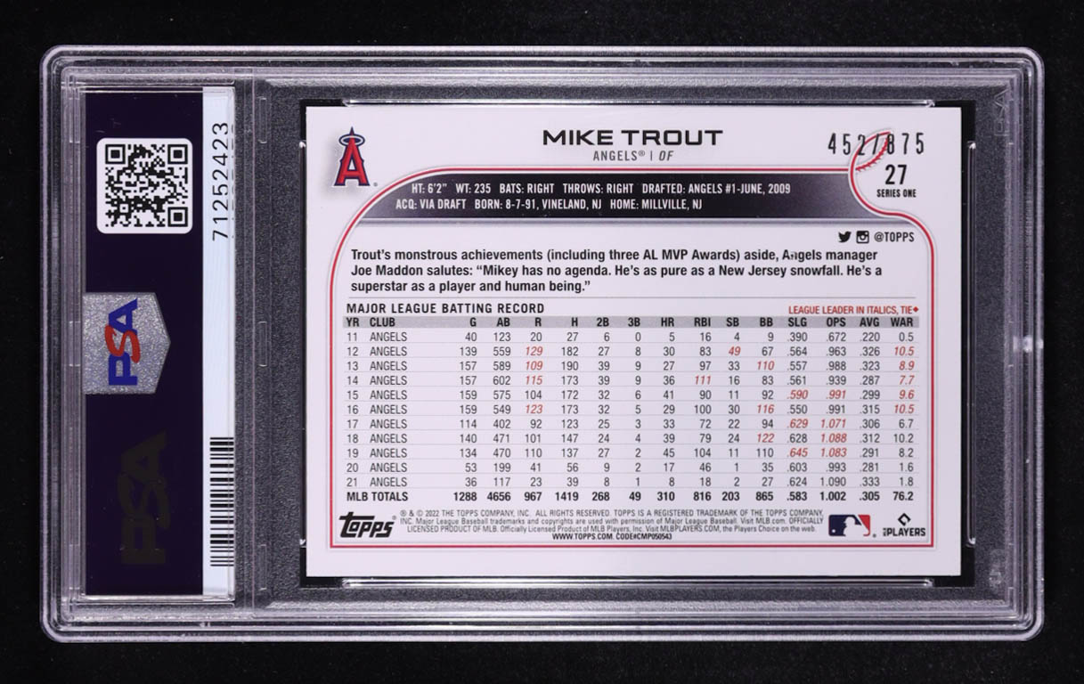 Mike Trout 2022 Topps Factory Set Walmart Foilboard #27 #452/875 (PSA 10) at PristineAuction.com Mike Trout 2022 Topps Factory Set Walmart Foilboard #27 #452/875 (PSA 10) at PristineAuction.com