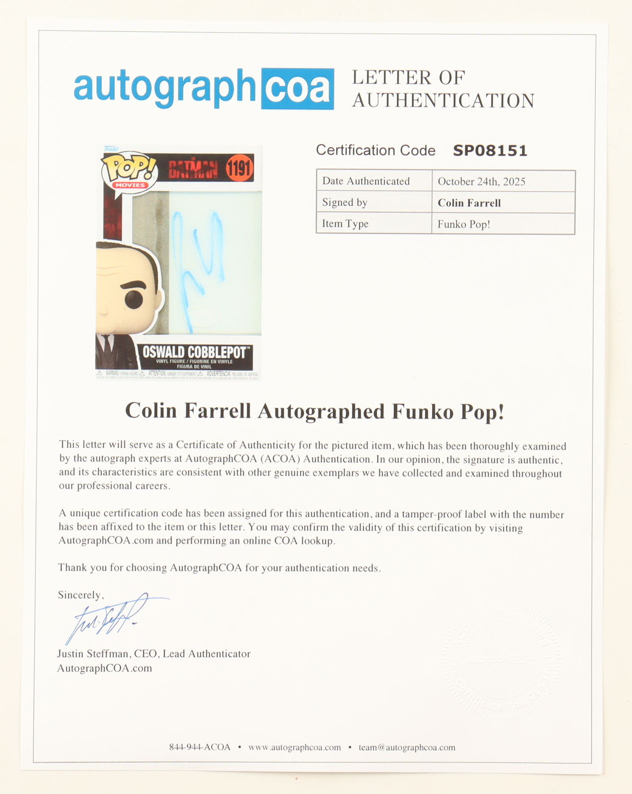 Colin Farrell Signed "The Batman" #1191 Oswald Cobblepot Funko Pop! Vinyl Figure (ACOA) at PristineAuction.com Colin Farrell Signed "The Batman" #1191 Oswald Cobblepot Funko Pop! Vinyl Figure (ACOA) at PristineAuction.com