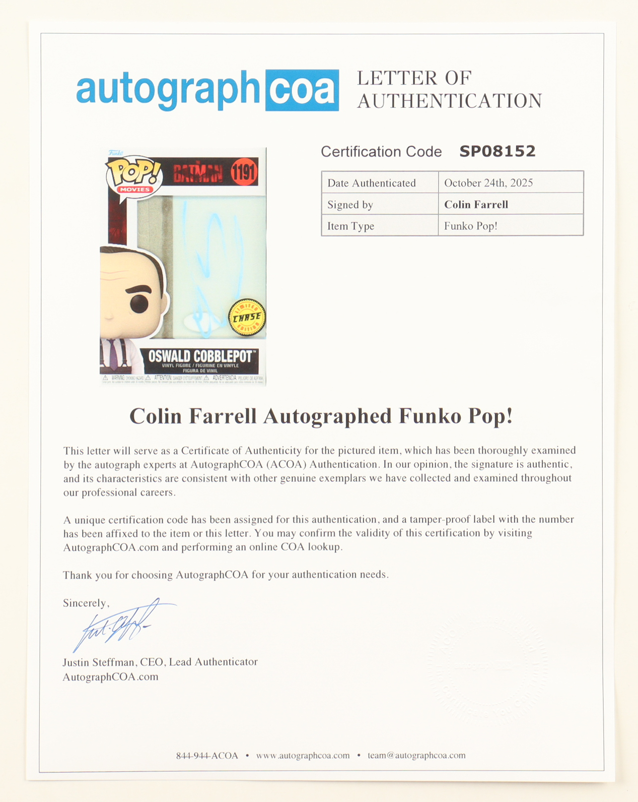 Colin Farrell Signed "The Batman" #1191 Oswald Cobblepot Funko Pop! Vinyl Figure (ACOA) at PristineAuction.com Colin Farrell Signed "The Batman" #1191 Oswald Cobblepot Funko Pop! Vinyl Figure (ACOA) at PristineAuction.com