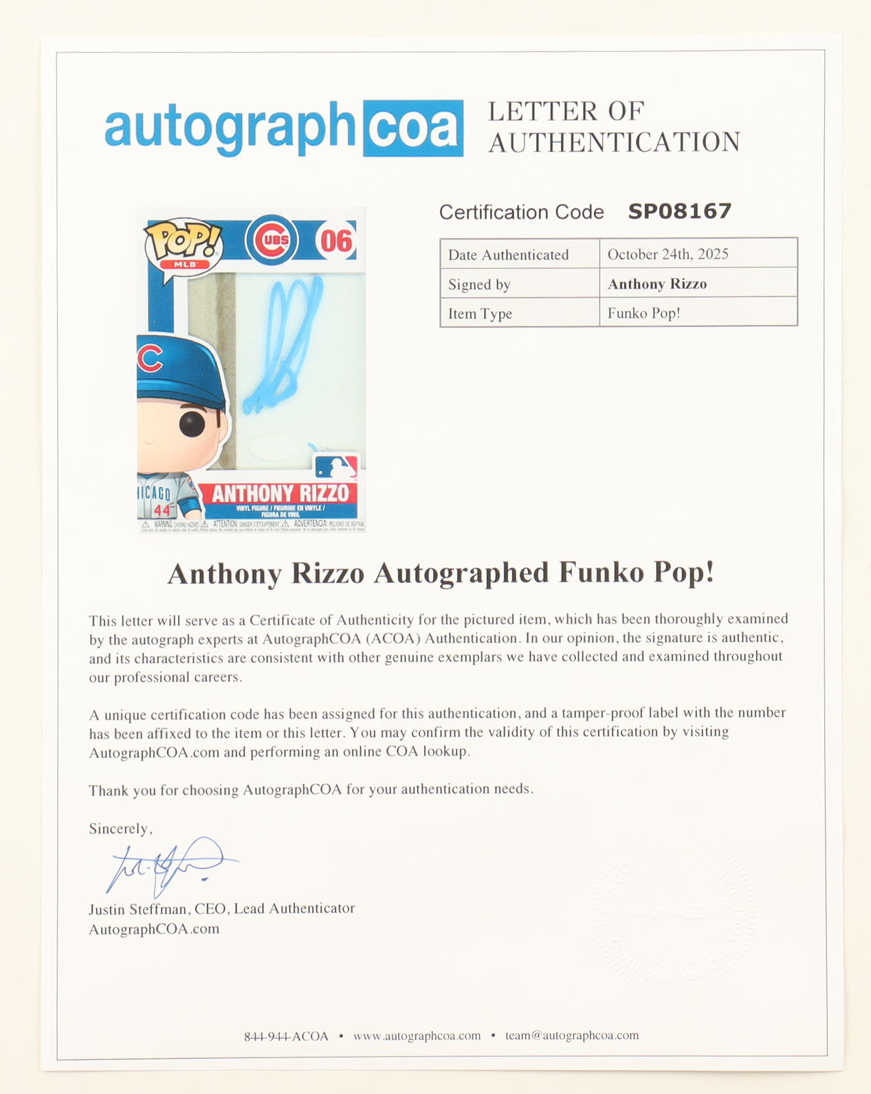 Anthony Rizzo Signed Cubs #06 Funko Pop! Vinyl Figure (ACOA) at PristineAuction.com Anthony Rizzo Signed Cubs #06 Funko Pop! Vinyl Figure (ACOA) at PristineAuction.com