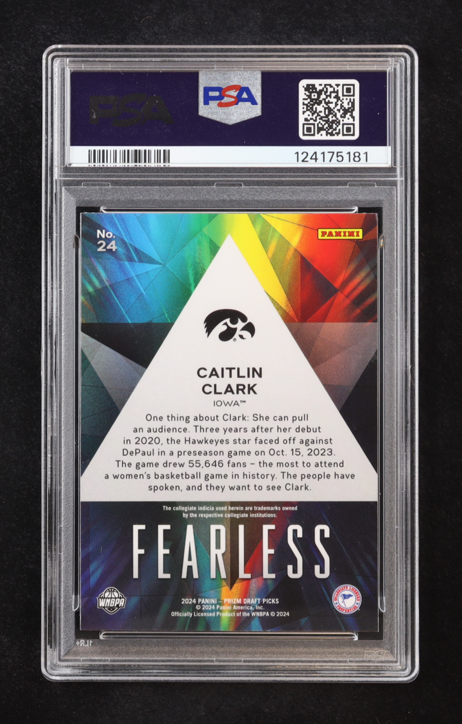 Caitlin Clark 2024-25 Panini Prizm Draft Picks Fearless #24 RC (PSA 10) at PristineAuction.com Caitlin Clark 2024-25 Panini Prizm Draft Picks Fearless #24 RC (PSA 10) at PristineAuction.com