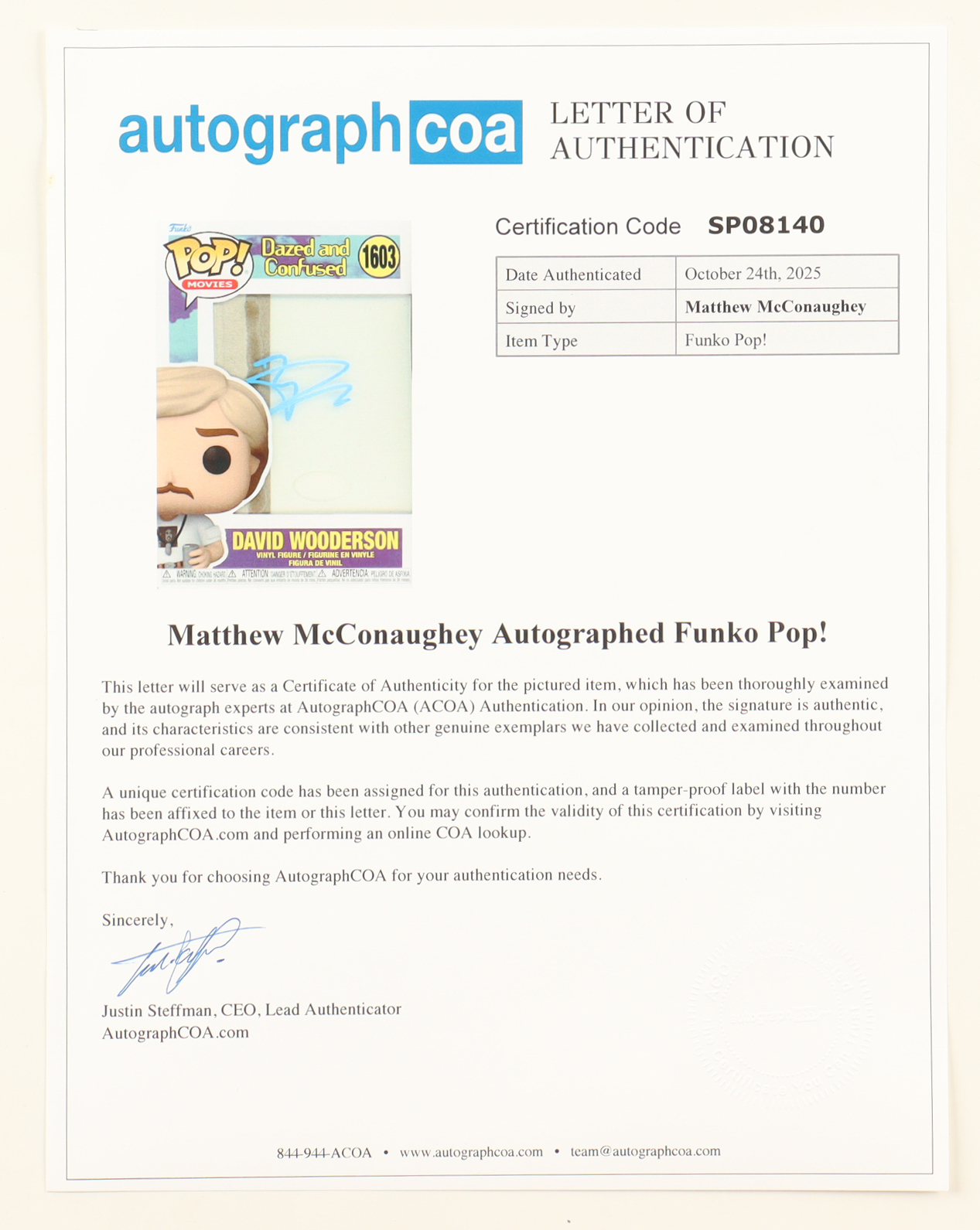 Matthew McConaughey Signed "Dazed And Confused" #1603 David Wooderson Funko Pop! Vinyl Figure (ACOA) at PristineAuction.com Matthew McConaughey Signed "Dazed And Confused" #1603 David Wooderson Funko Pop! Vinyl Figure (ACOA) at PristineAuction.com