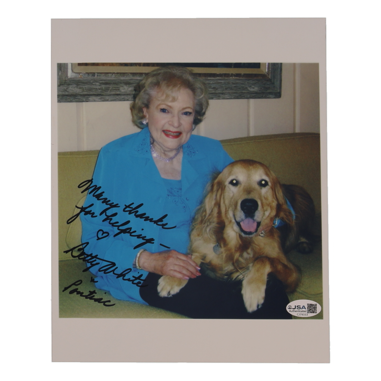 Betty White Signed 8x10 Photo Inscribed "Many Thanks For Helping" & "+ Pontiac" (JSA) at PristineAuction.com Betty White Signed 8x10 Photo Inscribed "Many Thanks For Helping" & "+ Pontiac" (JSA) at PristineAuction.com