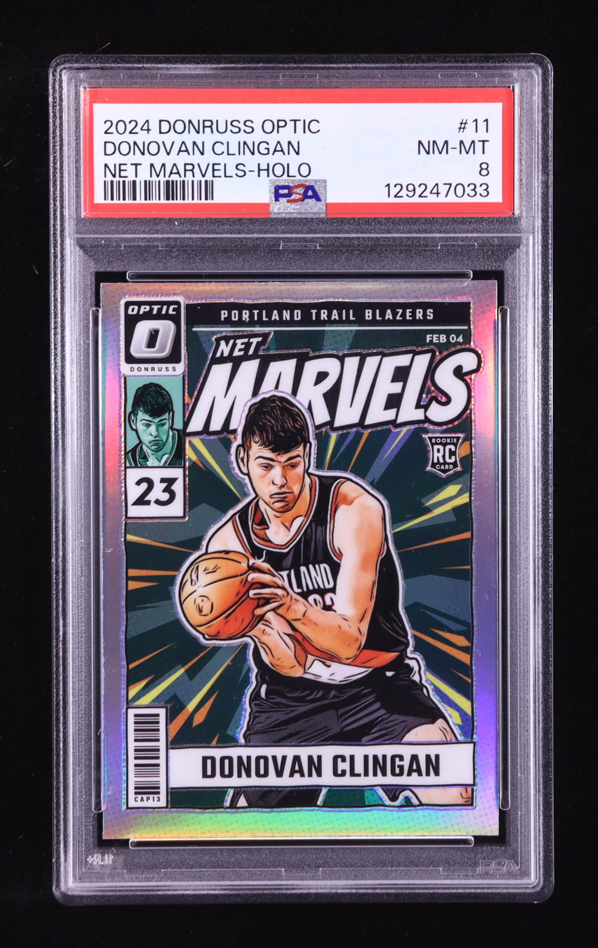 Donovan Clingan 2024-25 Donruss Optic Net Marvels Holo #11 RC (PSA 8) at PristineAuction.com Donovan Clingan 2024-25 Donruss Optic Net Marvels Holo #11 RC (PSA 8) at PristineAuction.com