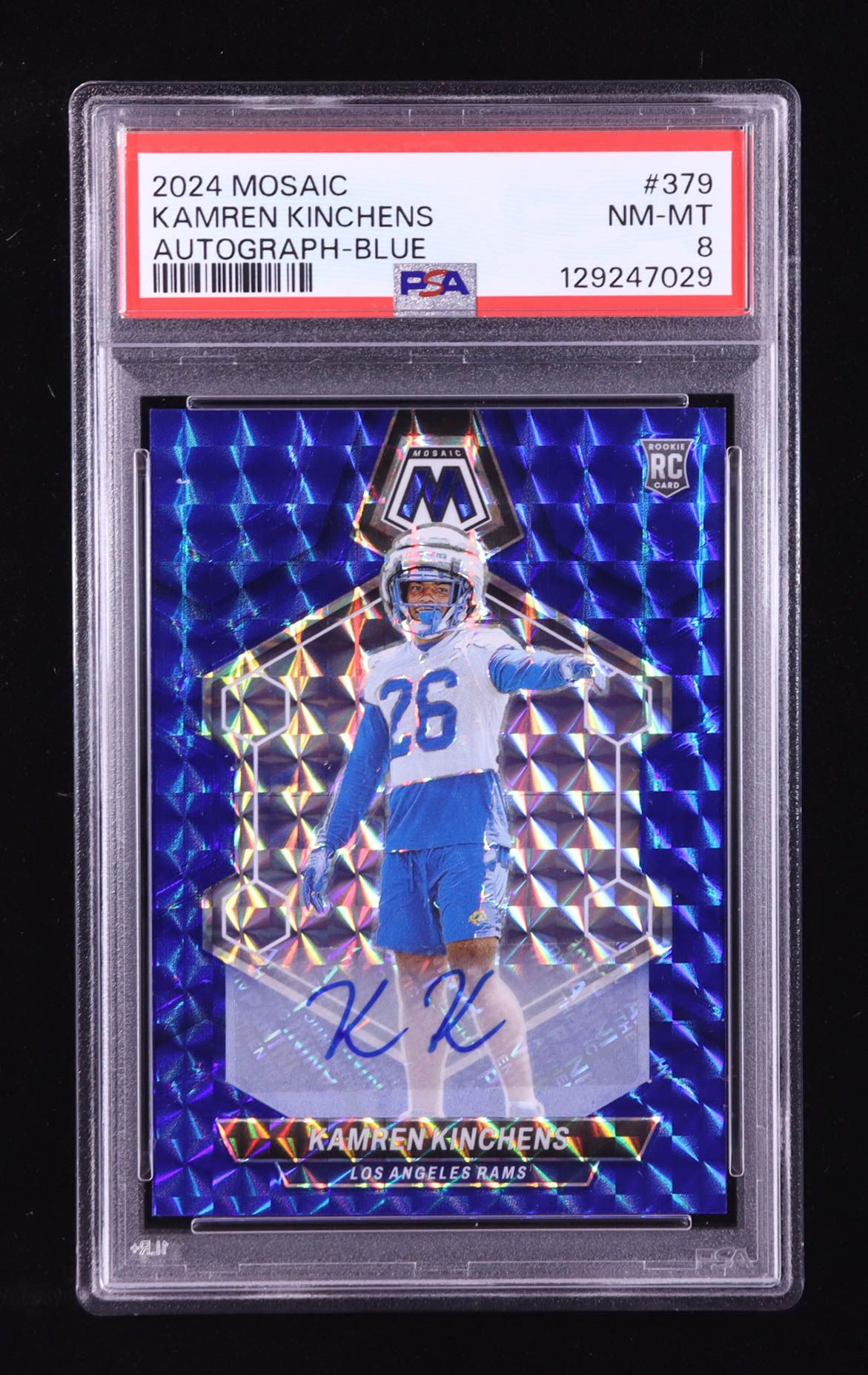 Kamren Kinchens 2024 Panini Mosaic Rookie Autographs Mosaic Blue #379 RC #18/99 (PSA 8) at PristineAuction.com Kamren Kinchens 2024 Panini Mosaic Rookie Autographs Mosaic Blue #379 RC #18/99 (PSA 8) at PristineAuction.com