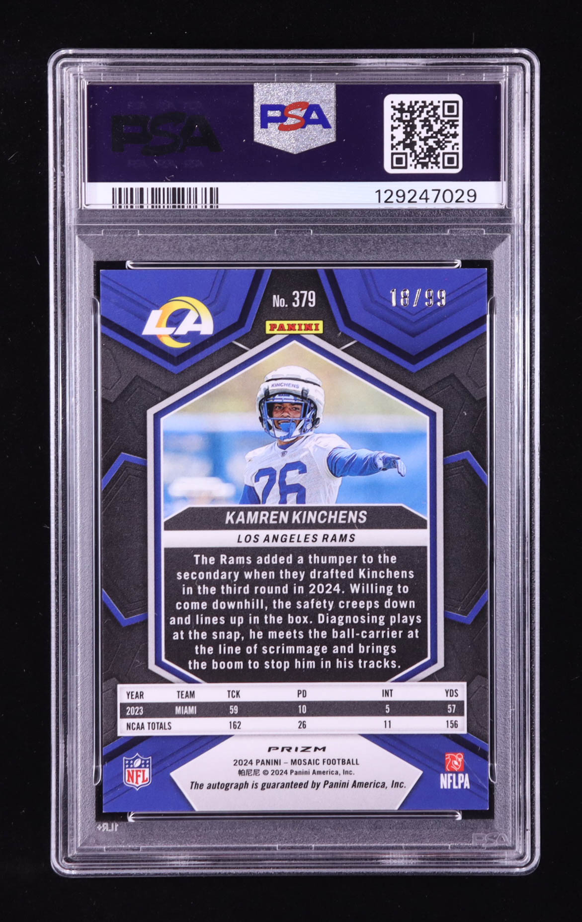 Kamren Kinchens 2024 Panini Mosaic Rookie Autographs Mosaic Blue #379 RC #18/99 (PSA 8) at PristineAuction.com Kamren Kinchens 2024 Panini Mosaic Rookie Autographs Mosaic Blue #379 RC #18/99 (PSA 8) at PristineAuction.com