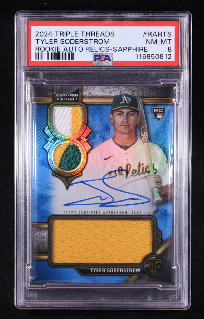 Tyler Soderstrom 2024 Topps Triple Threads Rookie Autograph Relics Sapphire #RARTS RC #2/10 (PSA 8) at PristineAuction.com Tyler Soderstrom 2024 Topps Triple Threads Rookie Autograph Relics Sapphire #RARTS RC #2/10 (PSA 8) at PristineAuction.com