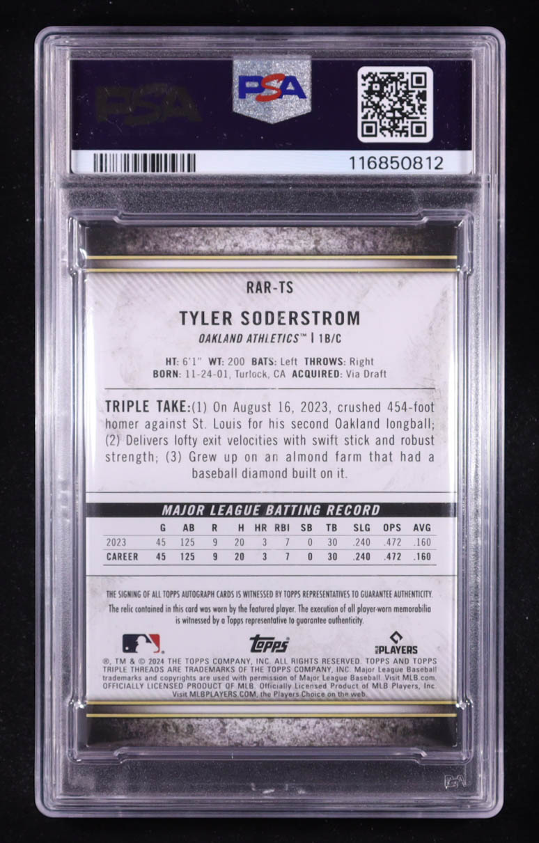 Tyler Soderstrom 2024 Topps Triple Threads Rookie Autograph Relics Sapphire #RARTS RC #2/10 (PSA 8) at PristineAuction.com Tyler Soderstrom 2024 Topps Triple Threads Rookie Autograph Relics Sapphire #RARTS RC #2/10 (PSA 8) at PristineAuction.com