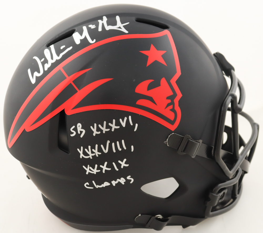 Willie McGinest Signed Patriots Full-Size Eclipse Alternate Speed Helmet Inscribed "SB XXXVI, XXXVVIII, XXXIX Champs" (Beckett) at PristineAuction.com Willie McGinest Signed Patriots Full-Size Eclipse Alternate Speed Helmet Inscribed "SB XXXVI, XXXVVIII, XXXIX Champs" (Beckett) at PristineAuction.com