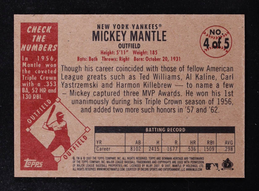 Mickey Mantle 2007 Bowman Heritage Mantle Short Prints Rainbow Foil #4 at PristineAuction.com Mickey Mantle 2007 Bowman Heritage Mantle Short Prints Rainbow Foil #4 at PristineAuction.com