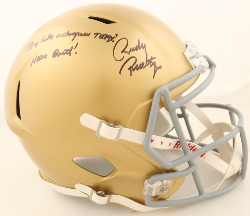 Rudy Ruettiger Signed Notre Dame Fighting Irish Full-Size Speed Helmet Inscribed "Play Like a Champion Today / Never Quit!" (Beckett) at PristineAuction.com Rudy Ruettiger Signed Notre Dame Fighting Irish Full-Size Speed Helmet Inscribed "Play Like a Champion Today / Never Quit!" (Beckett) at PristineAuction.com