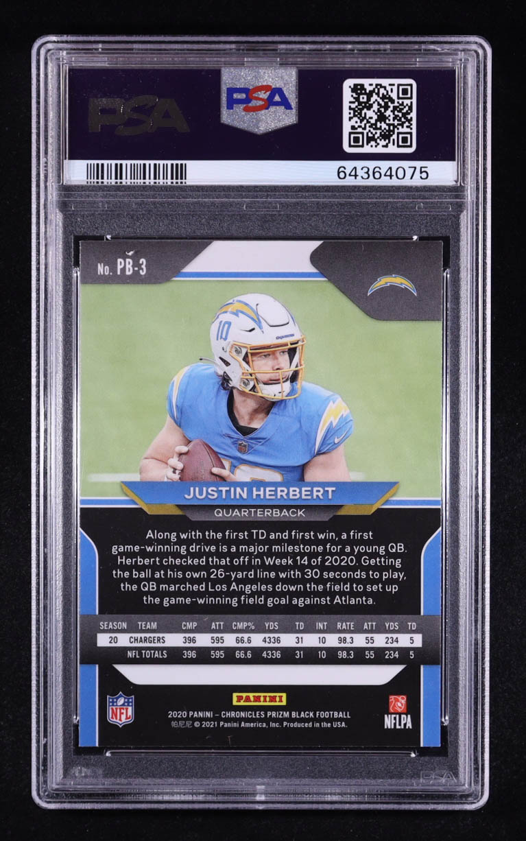 Justin Herbert 2020 Panini Chronicles Prizm Black #PB-3 RC (PSA 9) at PristineAuction.com Justin Herbert 2020 Panini Chronicles Prizm Black #PB-3 RC (PSA 9) at PristineAuction.com