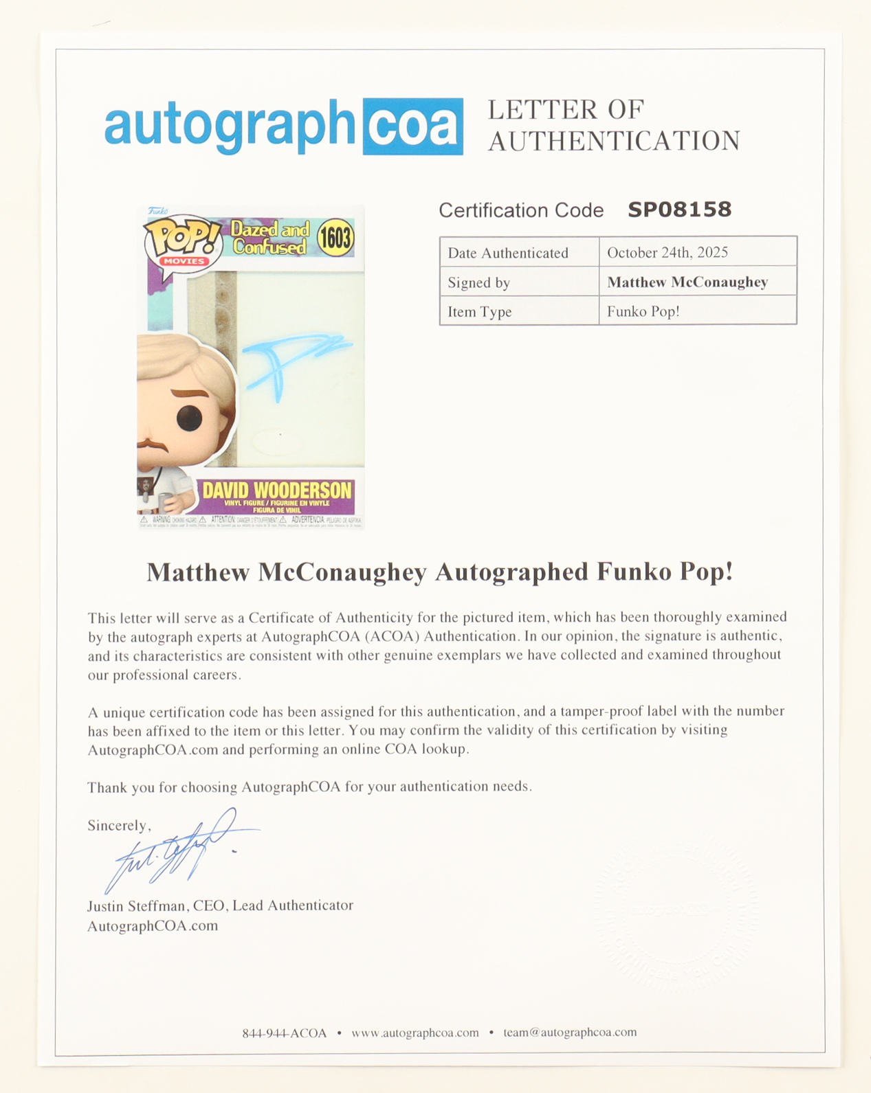 Matthew McConaughey Signed "Dazed And Confused" #1603 David Wooderson Funko Pop! Vinyl Figure (ACOA) at PristineAuction.com Matthew McConaughey Signed "Dazed And Confused" #1603 David Wooderson Funko Pop! Vinyl Figure (ACOA) at PristineAuction.com