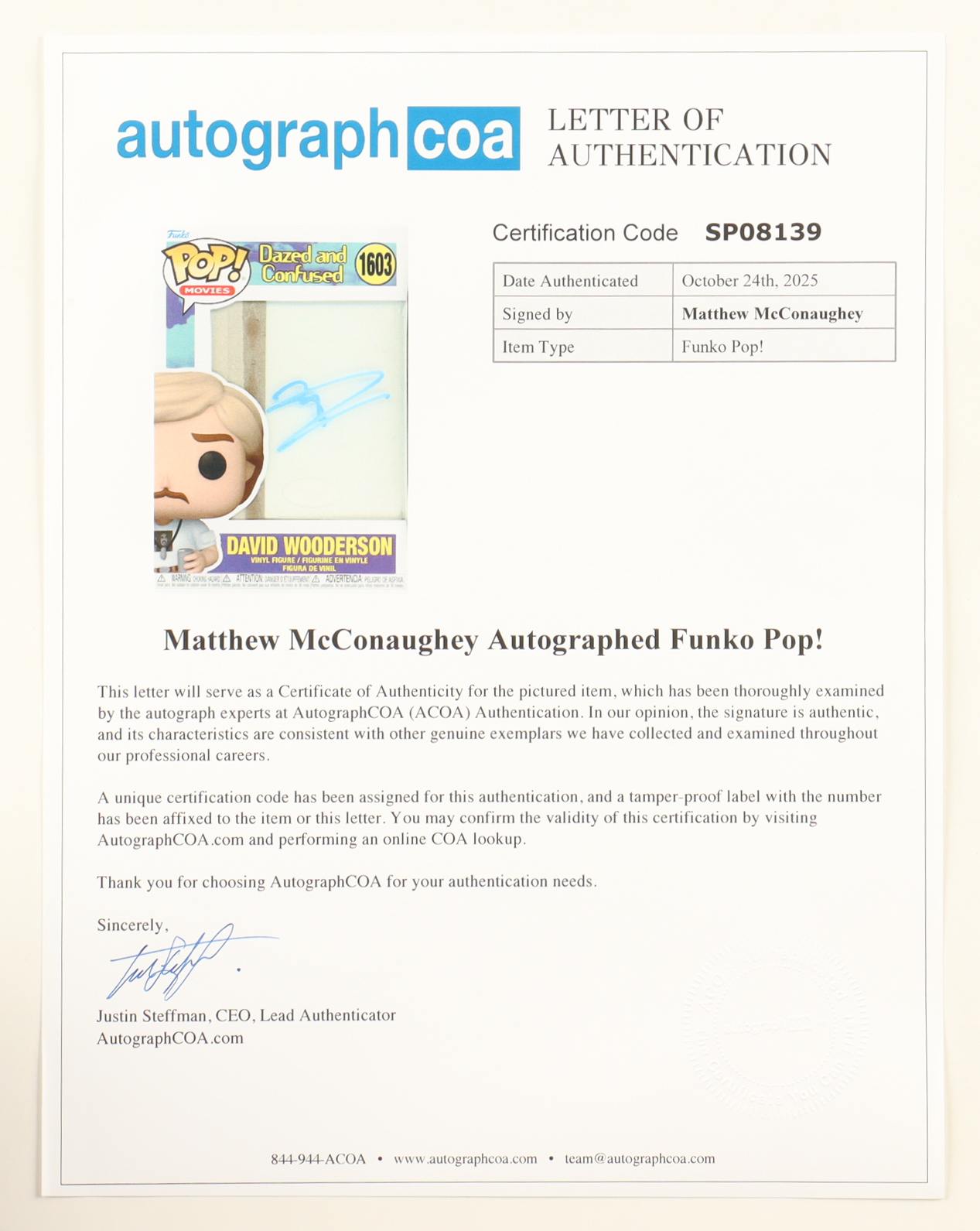 Matthew McConaughey Signed "Dazed And Confused" #1603 David Wooderson Funko Pop! Vinyl Figure (ACOA) at PristineAuction.com Matthew McConaughey Signed "Dazed And Confused" #1603 David Wooderson Funko Pop! Vinyl Figure (ACOA) at PristineAuction.com
