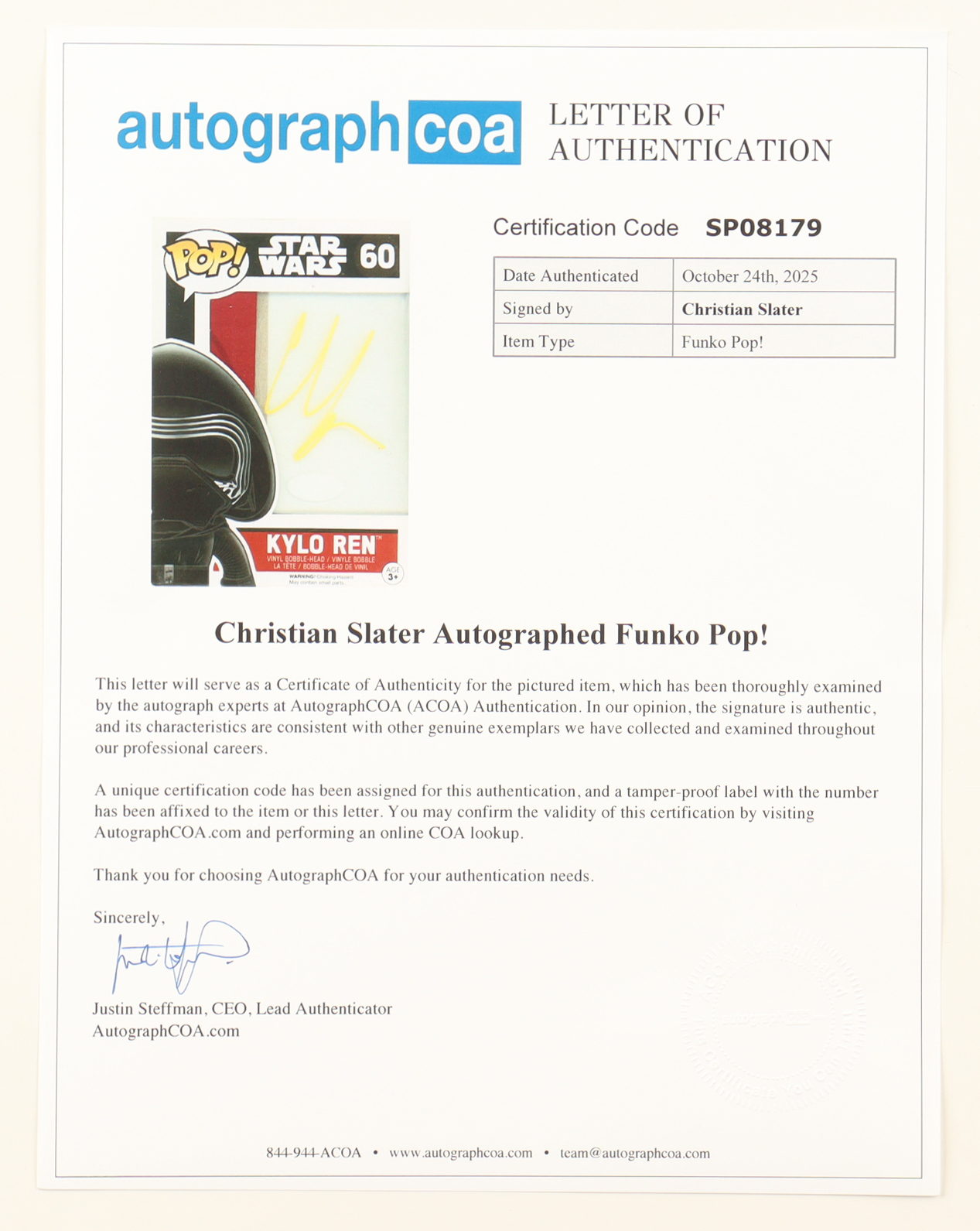 Christian Slater Signed "Star Wars" #60 Kylo Ren Funko Bobble-Head Figure (ACOA) at PristineAuction.com Christian Slater Signed "Star Wars" #60 Kylo Ren Funko Bobble-Head Figure (ACOA) at PristineAuction.com