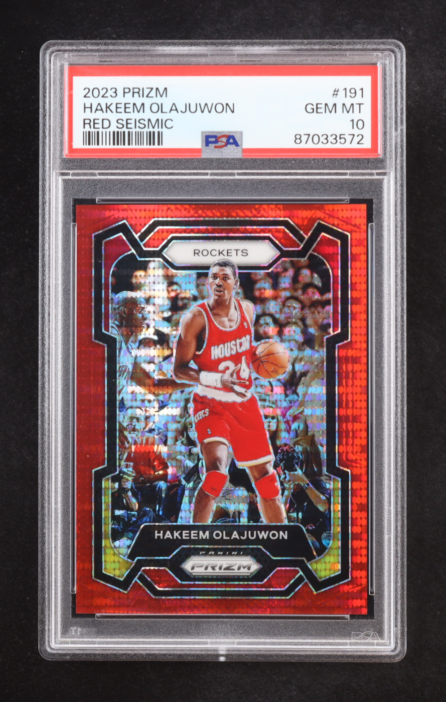 Hakeem Olajuwon 2023-24 Panini Prizm Prizms Red Seismic #191 #051/299 (PSA 10) at PristineAuction.com Hakeem Olajuwon 2023-24 Panini Prizm Prizms Red Seismic #191 #051/299 (PSA 10) at PristineAuction.com