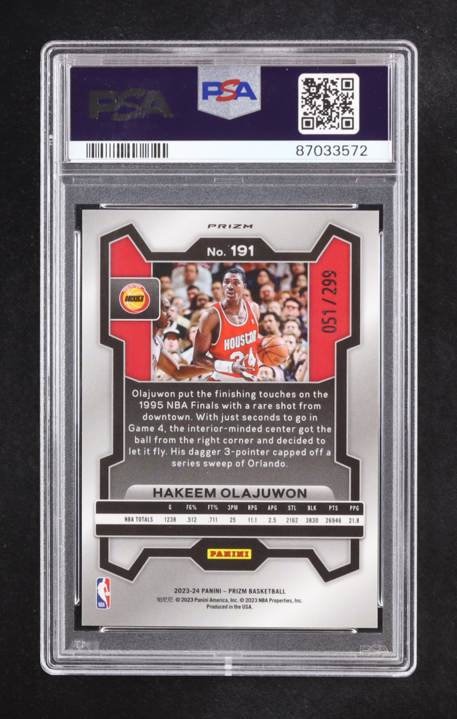 Hakeem Olajuwon 2023-24 Panini Prizm Prizms Red Seismic #191 #051/299 (PSA 10) at PristineAuction.com Hakeem Olajuwon 2023-24 Panini Prizm Prizms Red Seismic #191 #051/299 (PSA 10) at PristineAuction.com