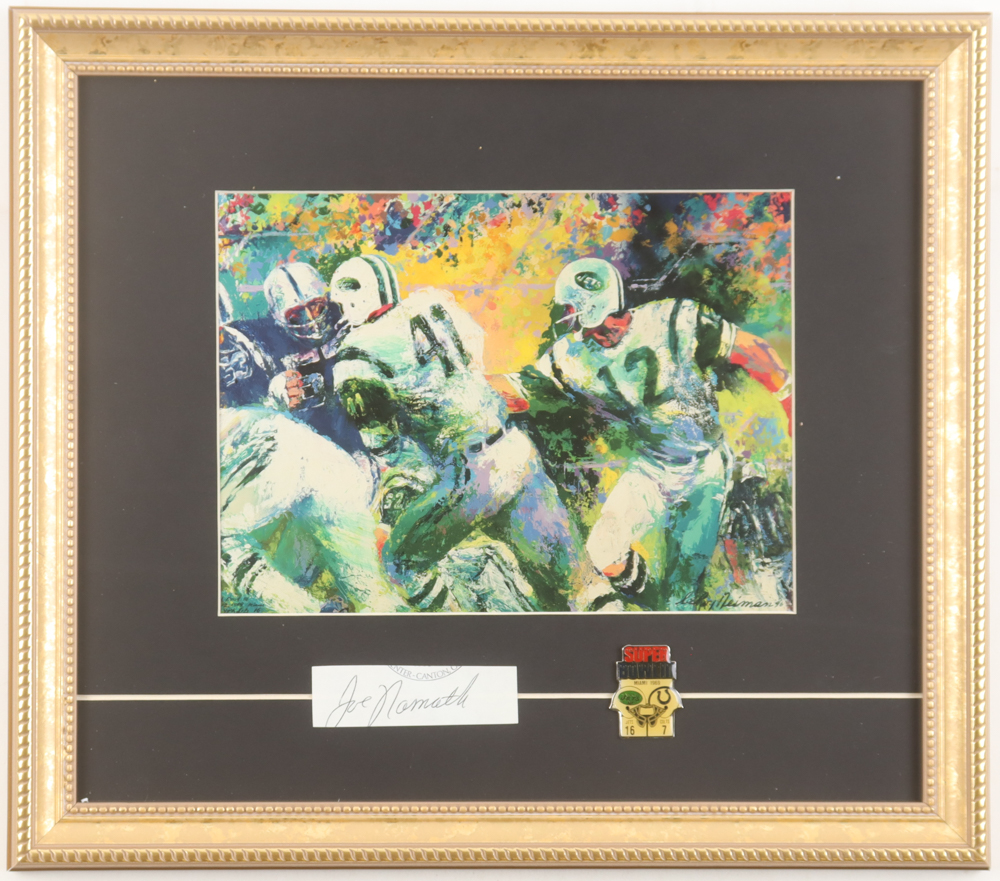 Joe Namath Signed Custom Framed Cut Display With Leroy Neiman Jets Art Print & Super Bowl III Pin (JSA) at PristineAuction.com Joe Namath Signed Custom Framed Cut Display With Leroy Neiman Jets Art Print & Super Bowl III Pin (JSA) at PristineAuction.com