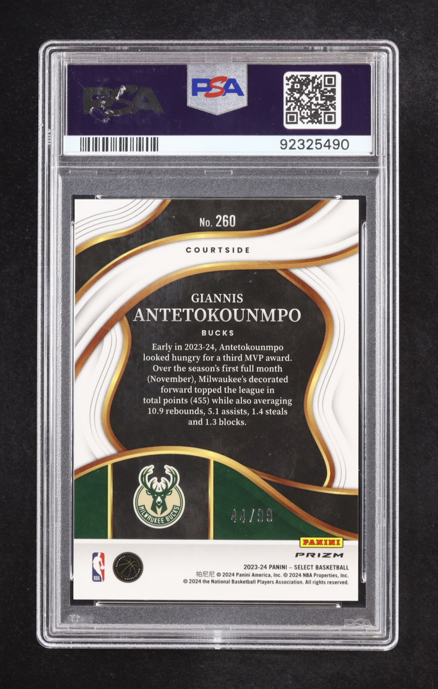 Giannis Antetokounmpo 2023-24 Select Prizms Blue Flash #260 #44/99 (PSA 10) at PristineAuction.com Giannis Antetokounmpo 2023-24 Select Prizms Blue Flash #260 #44/99 (PSA 10) at PristineAuction.com