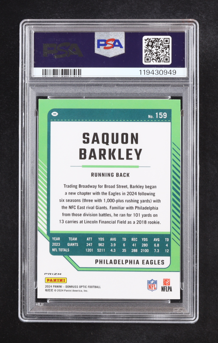 Saquon Barkley 2024 Donruss Optic Stars #159 (PSA 9) at PristineAuction.com Saquon Barkley 2024 Donruss Optic Stars #159 (PSA 9) at PristineAuction.com