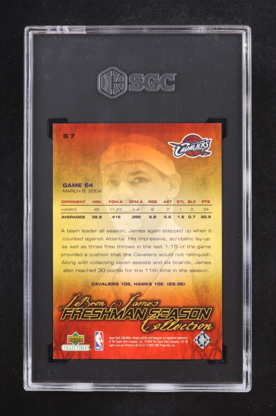 LeBron James 2004 Upper Deck LeBron James Freshman Season #67 (SGC 10) at PristineAuction.com LeBron James 2004 Upper Deck LeBron James Freshman Season #67 (SGC 10) at PristineAuction.com