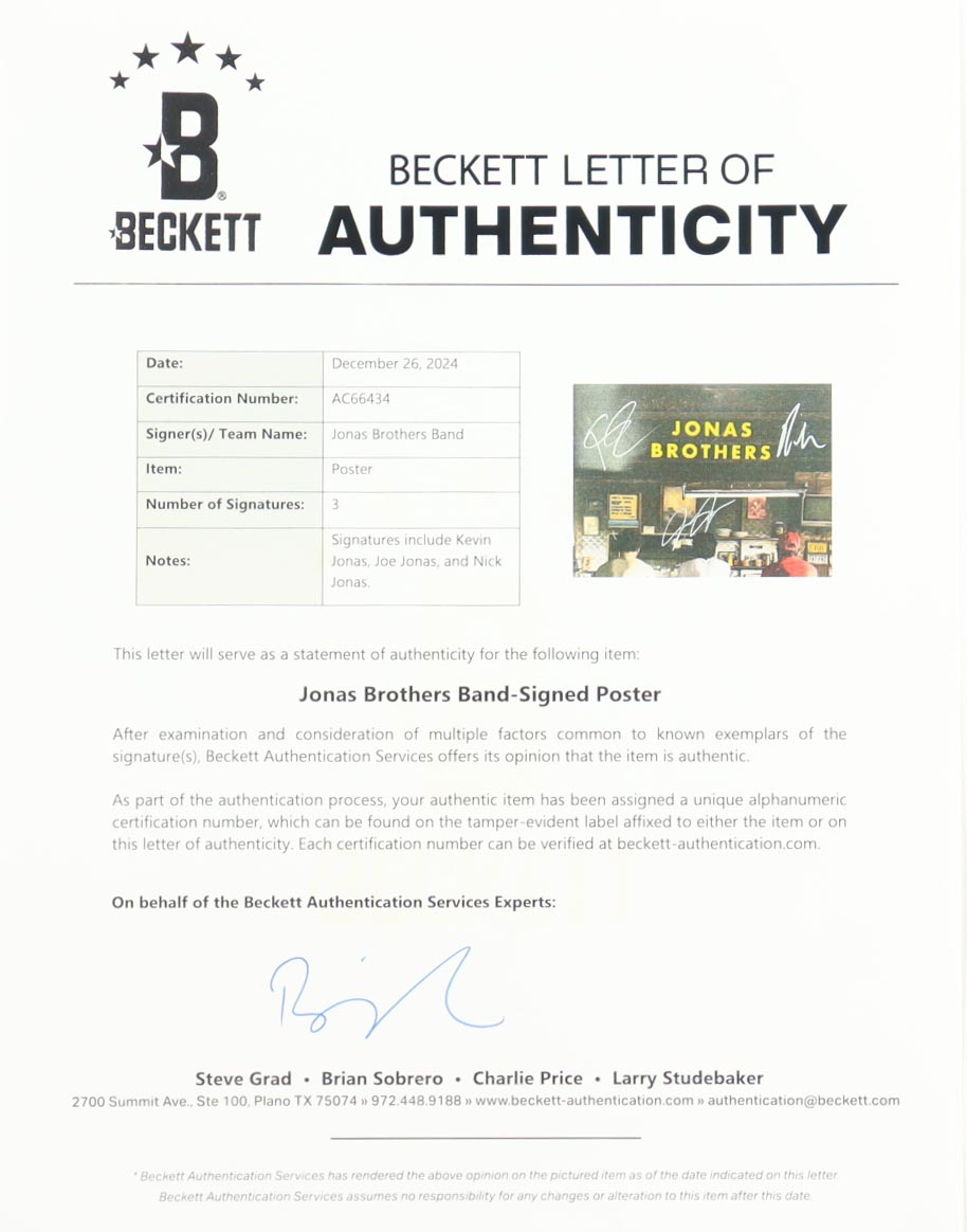 Nick Jonas, Joe Jonas & Kevin Jonas Signed "The Album" 11x17 Album Poster Insert (Beckett) at PristineAuction.com Nick Jonas, Joe Jonas & Kevin Jonas Signed "The Album" 11x17 Album Poster Insert (Beckett) at PristineAuction.com