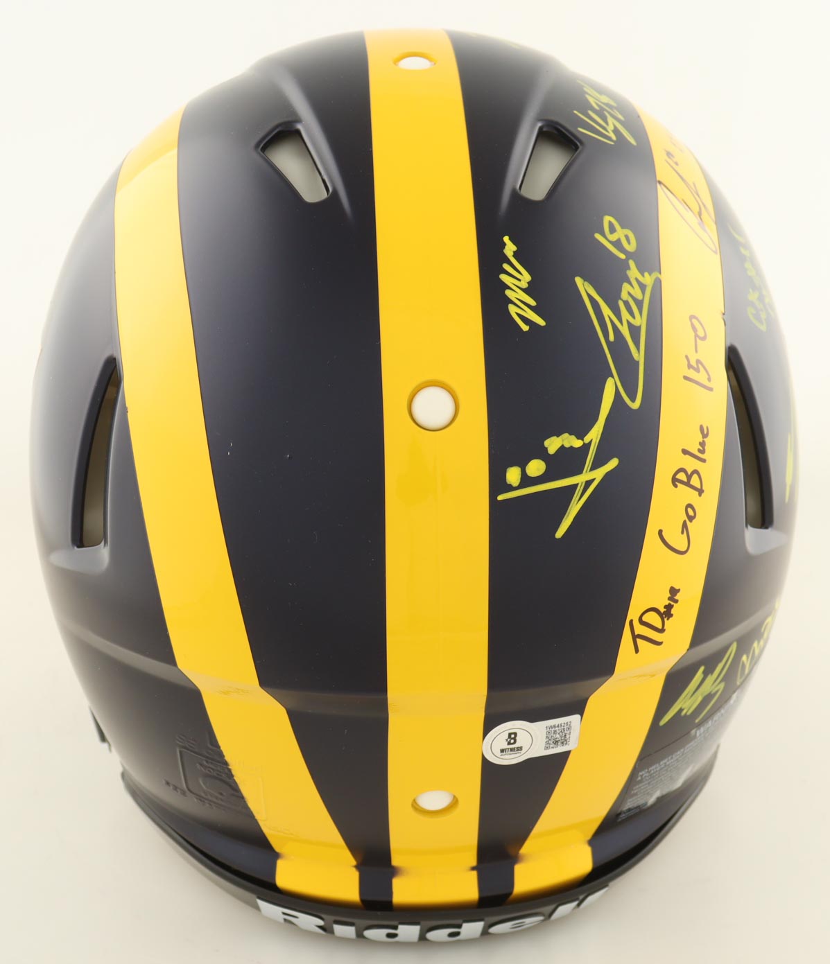 2023 Michigan Wolverines Full-Size Authentic On-Field Speed Helmet Team-Signed by (17) with J.J. McCarthy, Blake Corum, Roman Wilson, Colston Loveland Inscribed "Go Blue 15-0" & "23 Champs!" (Beckett) at PristineAuction.com 2023 Michigan Wolverines Full-Size Authentic On-Field Speed Helmet Team-Signed by (17) with J.J. McCarthy, Blake Corum, Roman Wilson, Colston Loveland Inscribed "Go Blue 15-0" & "23 Champs!" (Beckett) at PristineAuction.com