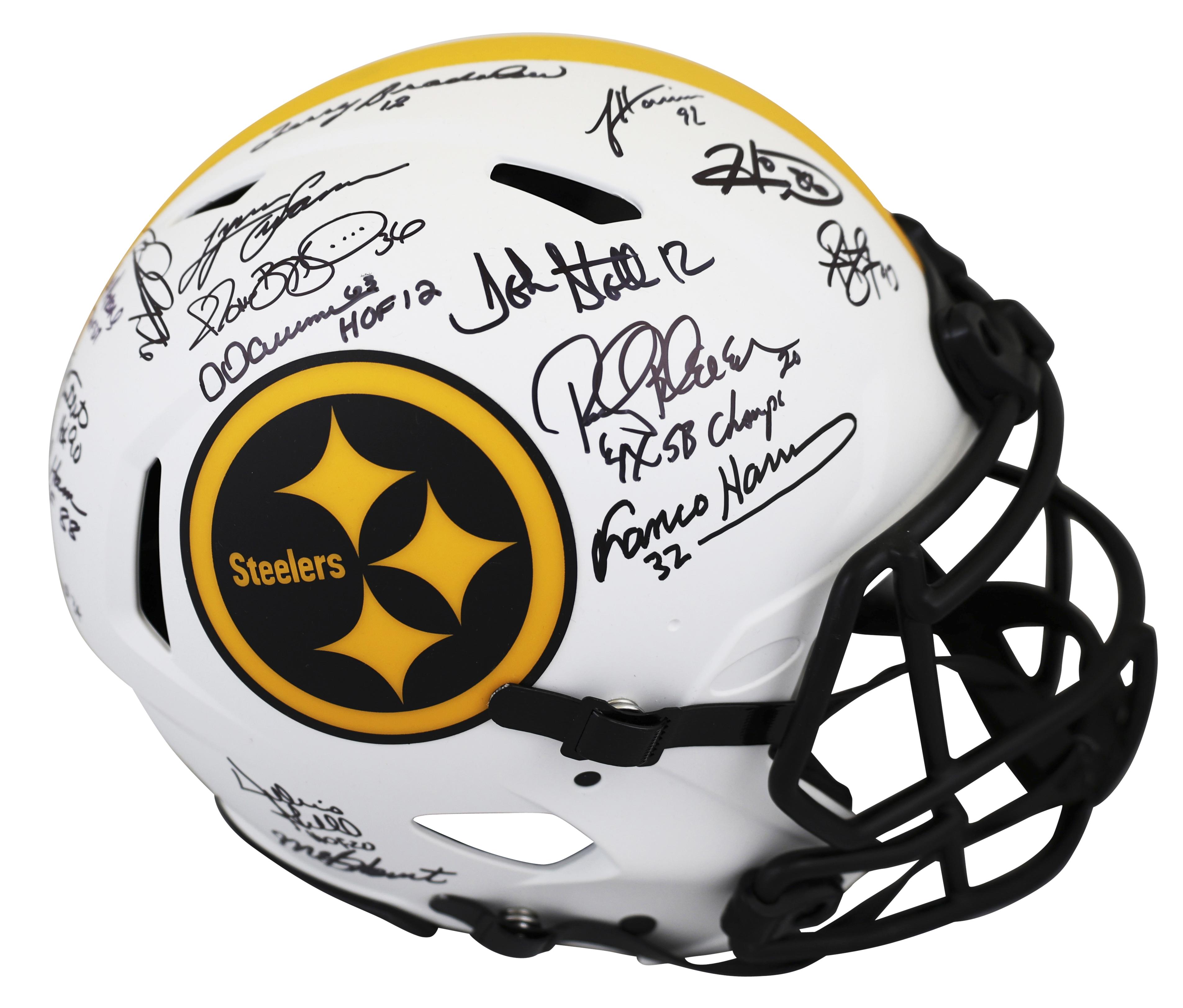 Steelers Greats Full-Size Authentic On-Field Lunar Eclipse Alternate Speed Helmet Signed By (17) with Franco Harris, Jack Lambert, Jack Ham, Jerome Bettis, Joe Greene (Beckett) at PristineAuction.com Steelers Greats Full-Size Authentic On-Field Lunar Eclipse Alternate Speed Helmet Signed By (17) with Franco Harris, Jack Lambert, Jack Ham, Jerome Bettis, Joe Greene (Beckett) at PristineAuction.com