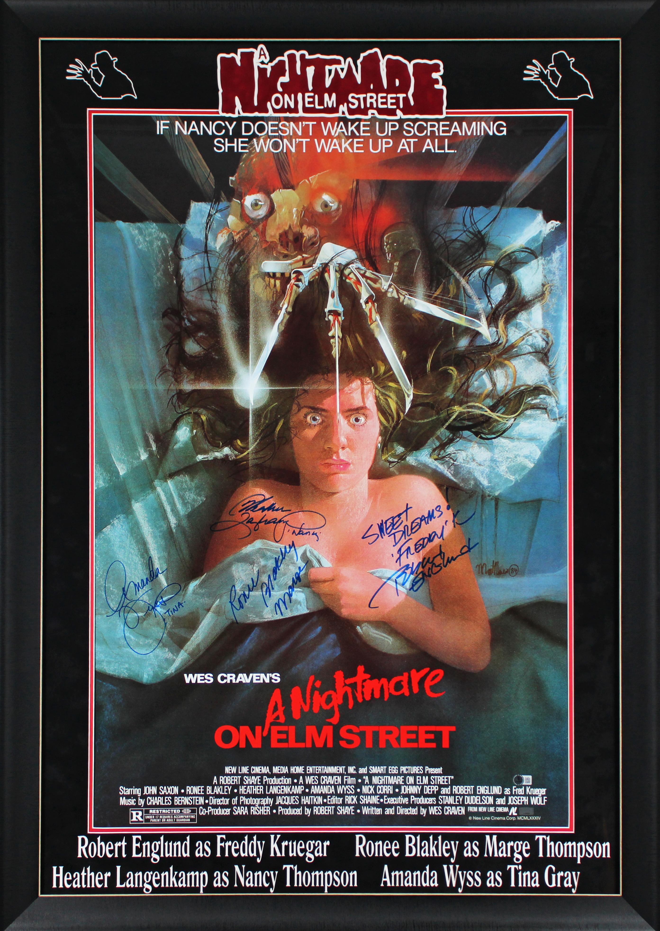 "A Nightmare On Elm Street" Custom Framed Movie Poster Cast-Signed & Inscribed By (4) with Robert Englund, Heather Langenkamp, Amanda Wyss & Ronnee Blakley (Beckett) at PristineAuction.com "A Nightmare On Elm Street" Custom Framed Movie Poster Cast-Signed & Inscribed By (4) with Robert Englund, Heather Langenkamp, Amanda Wyss & Ronnee Blakley (Beckett) at PristineAuction.com