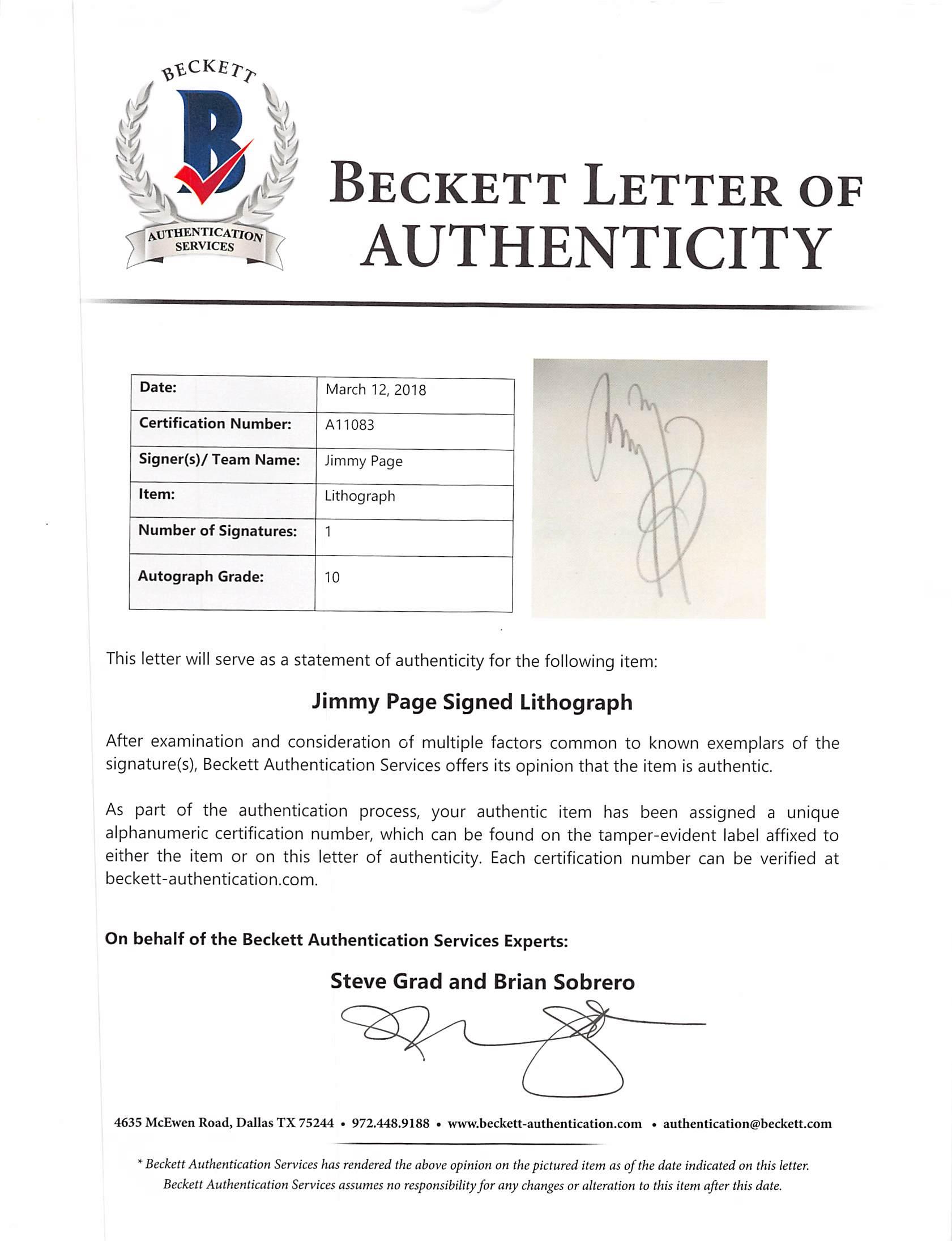 Jimmy Page Signed LE "Led Zeppelin" Custom Framed Sandra Lawrence Lithograph #219/300 (Beckett | Auto 10) at PristineAuction.com Jimmy Page Signed LE "Led Zeppelin" Custom Framed Sandra Lawrence Lithograph #219/300 (Beckett | Auto 10) at PristineAuction.com