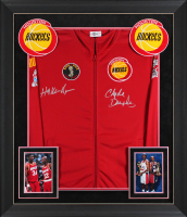 Hakeem Olajuwon & Clyde Drexler Signed Rockets Custom Framed Mitchell & Ness Bomber Jacket (Beckett) at PristineAuction.com