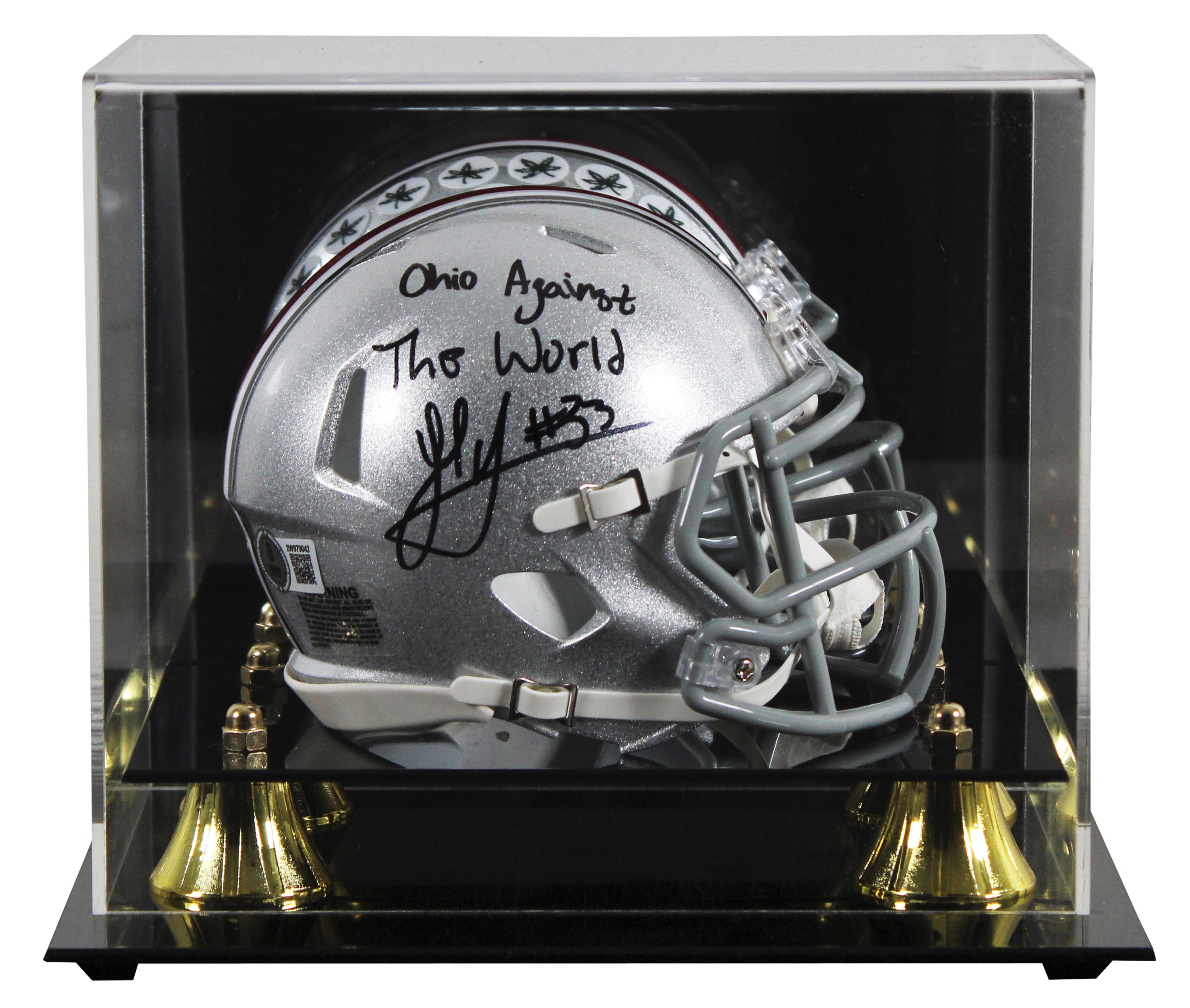 Jack Sawyer Signed Ohio State Buckeyes Speed Mini Helmet Inscribed "Ohio Against the World" with Display Case (Beckett) at PristineAuction.com Jack Sawyer Signed Ohio State Buckeyes Speed Mini Helmet Inscribed "Ohio Against the World" with Display Case (Beckett) at PristineAuction.com