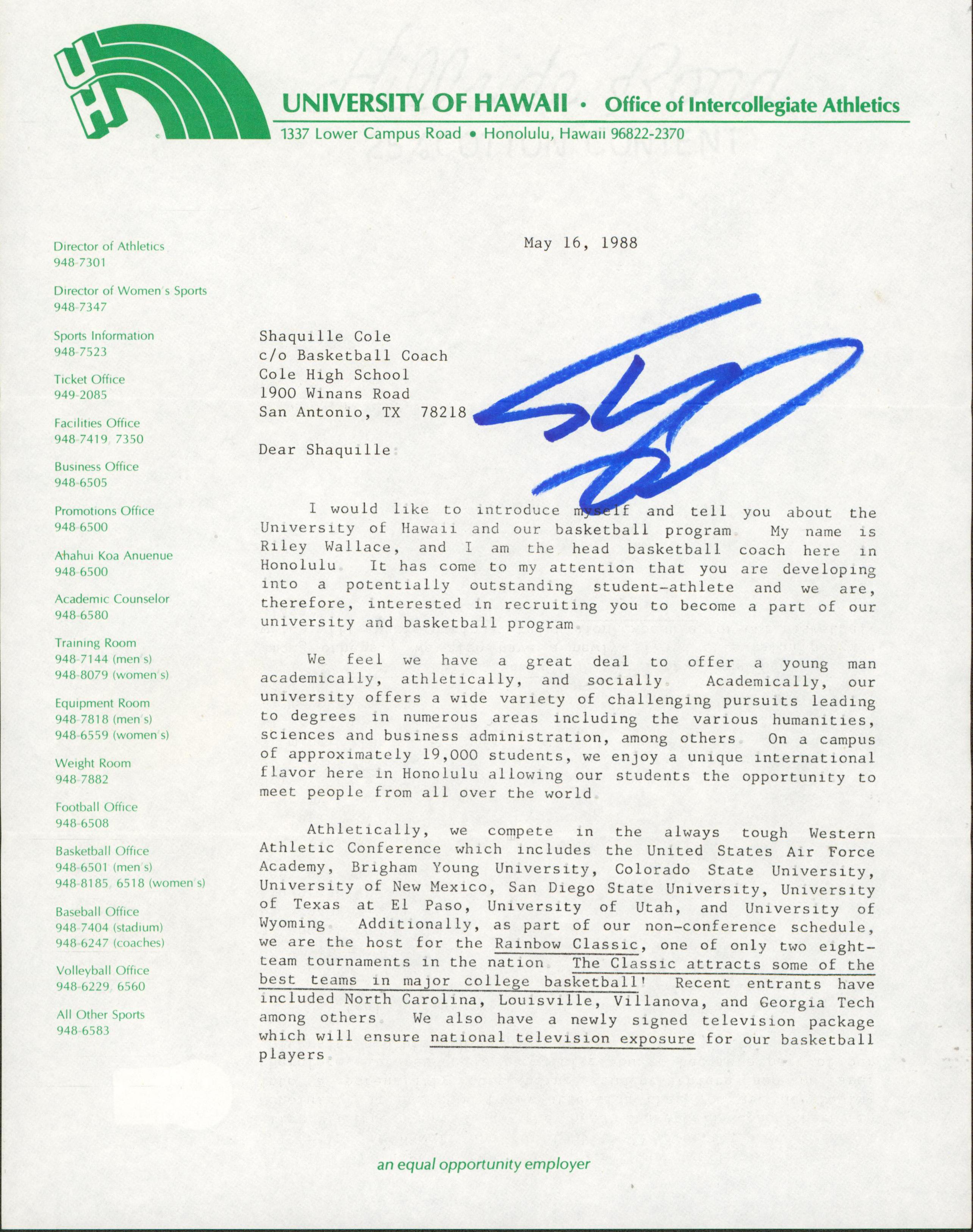 Shaquille O'Neal Signed 1988 University of Hawaii Recruitment Letter & Envelope (Beckett) at PristineAuction.com Shaquille O'Neal Signed 1988 University of Hawaii Recruitment Letter & Envelope (Beckett) at PristineAuction.com