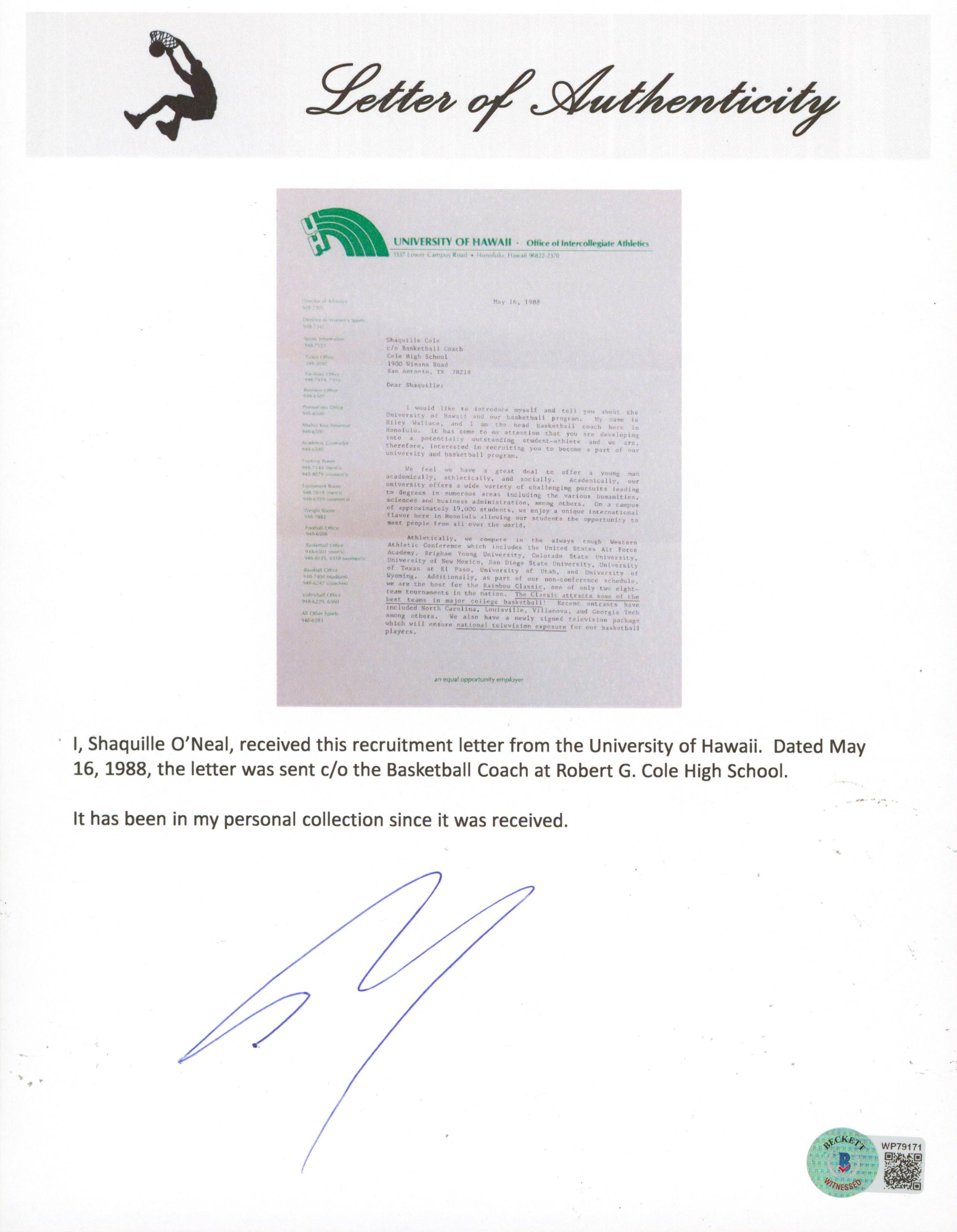 Shaquille O'Neal Signed 1988 University of Hawaii Recruitment Letter & Envelope (Beckett) at PristineAuction.com Shaquille O'Neal Signed 1988 University of Hawaii Recruitment Letter & Envelope (Beckett) at PristineAuction.com