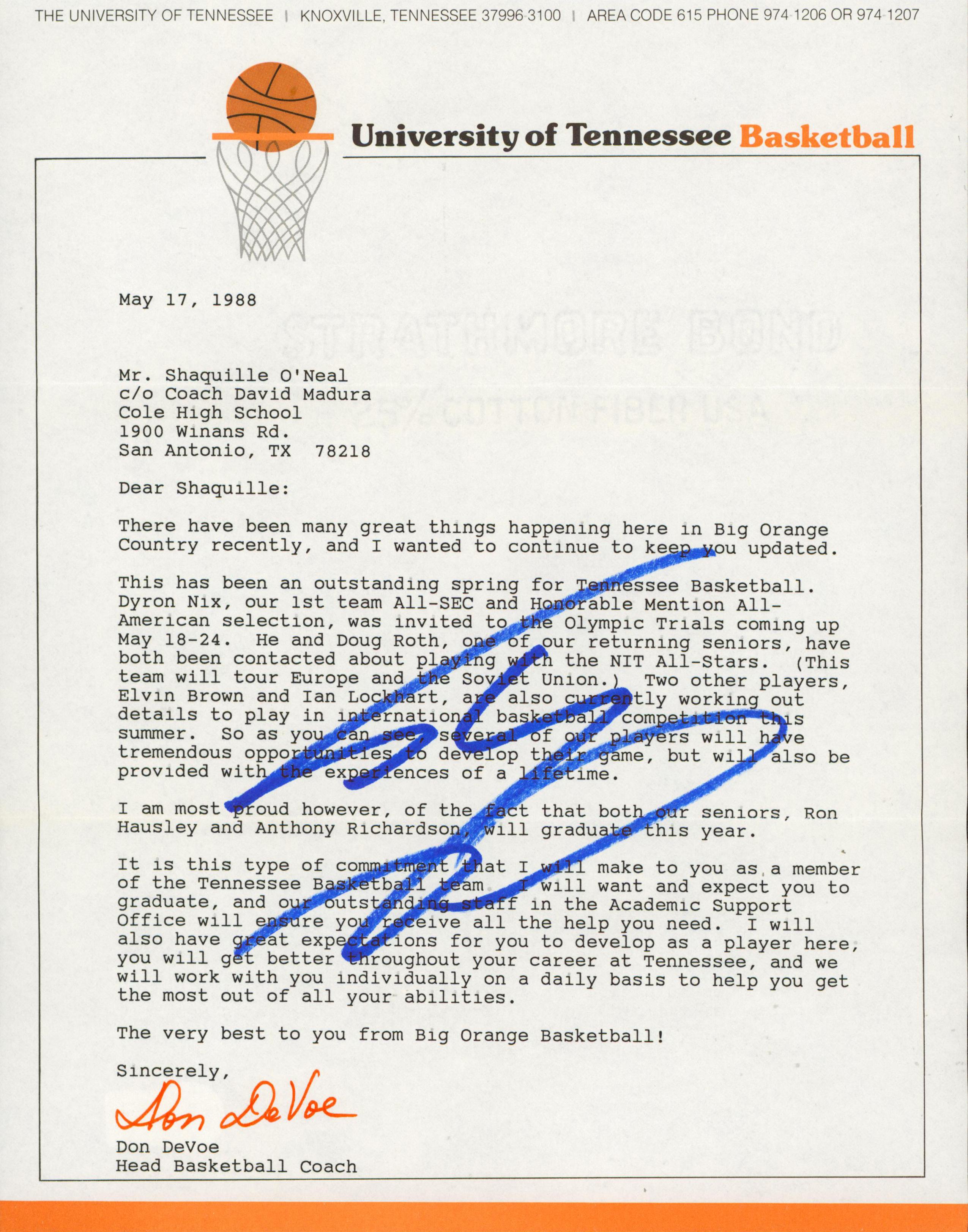 Shaquille O'Neal Signed 1988 Tennessee Volunteers Recruitment Letter & Envelope (Beckett) at PristineAuction.com Shaquille O'Neal Signed 1988 Tennessee Volunteers Recruitment Letter & Envelope (Beckett) at PristineAuction.com