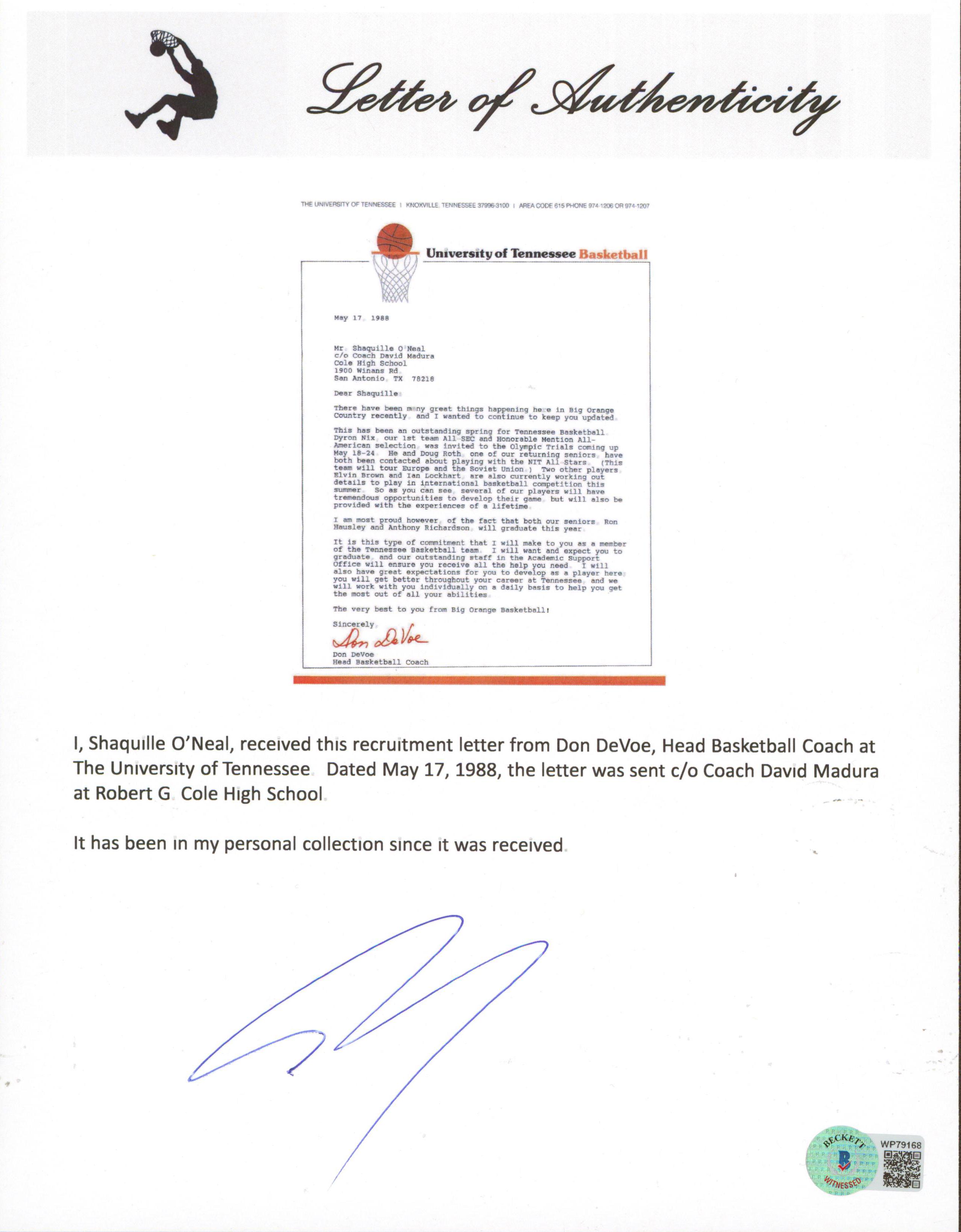 Shaquille O'Neal Signed 1988 Tennessee Volunteers Recruitment Letter & Envelope (Beckett) at PristineAuction.com Shaquille O'Neal Signed 1988 Tennessee Volunteers Recruitment Letter & Envelope (Beckett) at PristineAuction.com