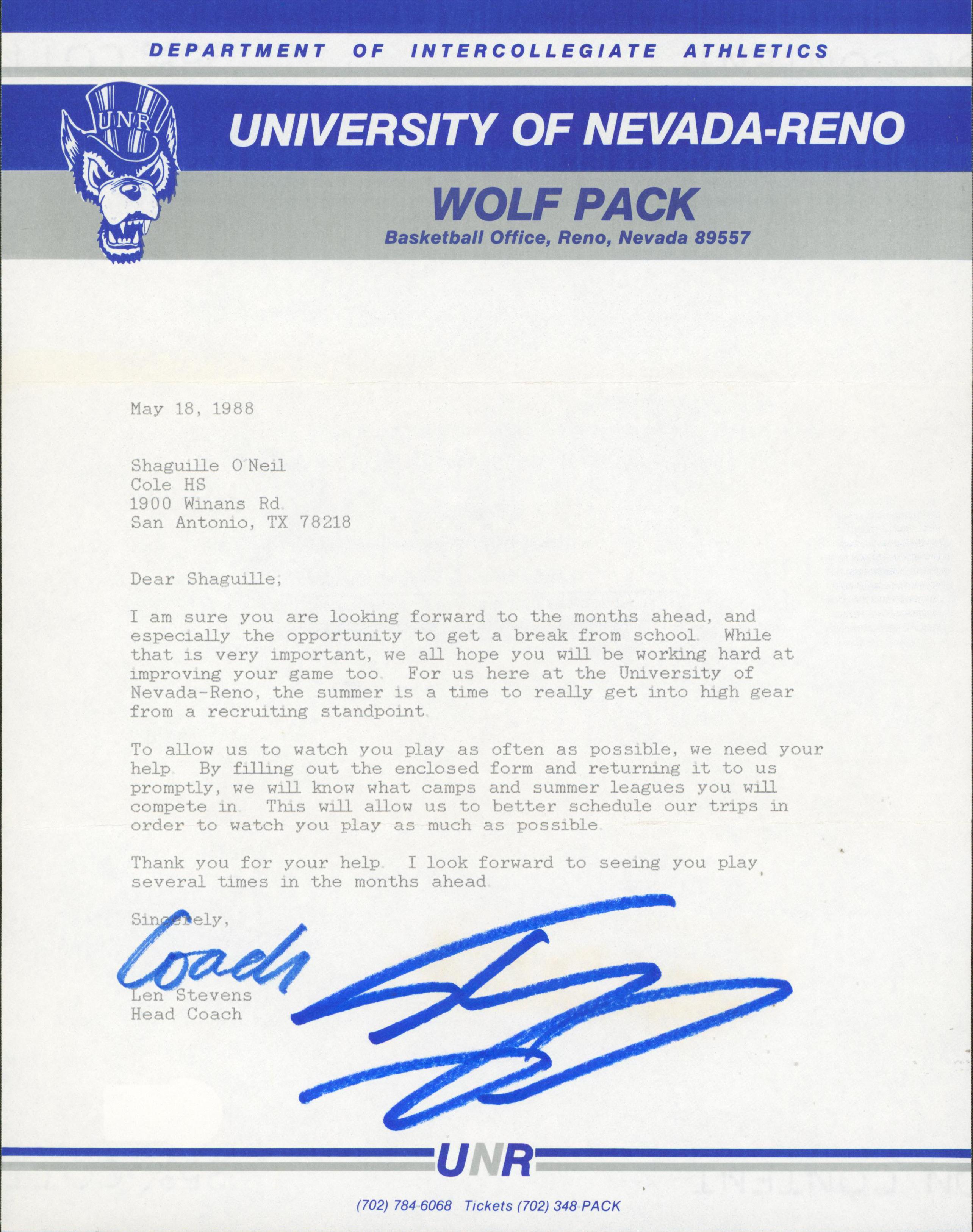 Shaquille O'Neal Signed 1988 University of Nevada-Reno Recruitment Letter & Envelope (Beckett) at PristineAuction.com Shaquille O'Neal Signed 1988 University of Nevada-Reno Recruitment Letter & Envelope (Beckett) at PristineAuction.com