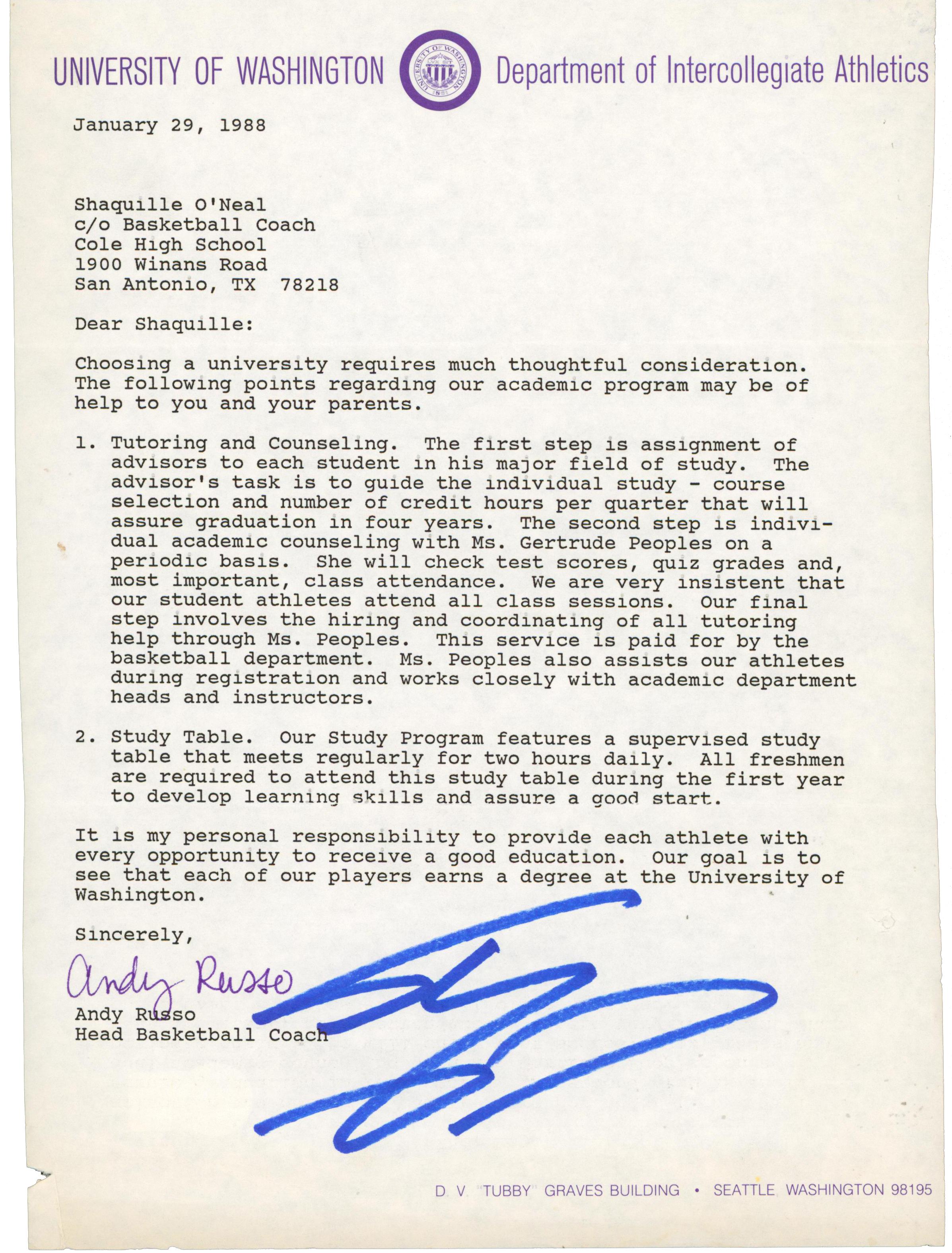 Shaquille O'Neal Signed 1988 Washington Huskies Recruitment Letter (Beckett) at PristineAuction.com Shaquille O'Neal Signed 1988 Washington Huskies Recruitment Letter (Beckett) at PristineAuction.com