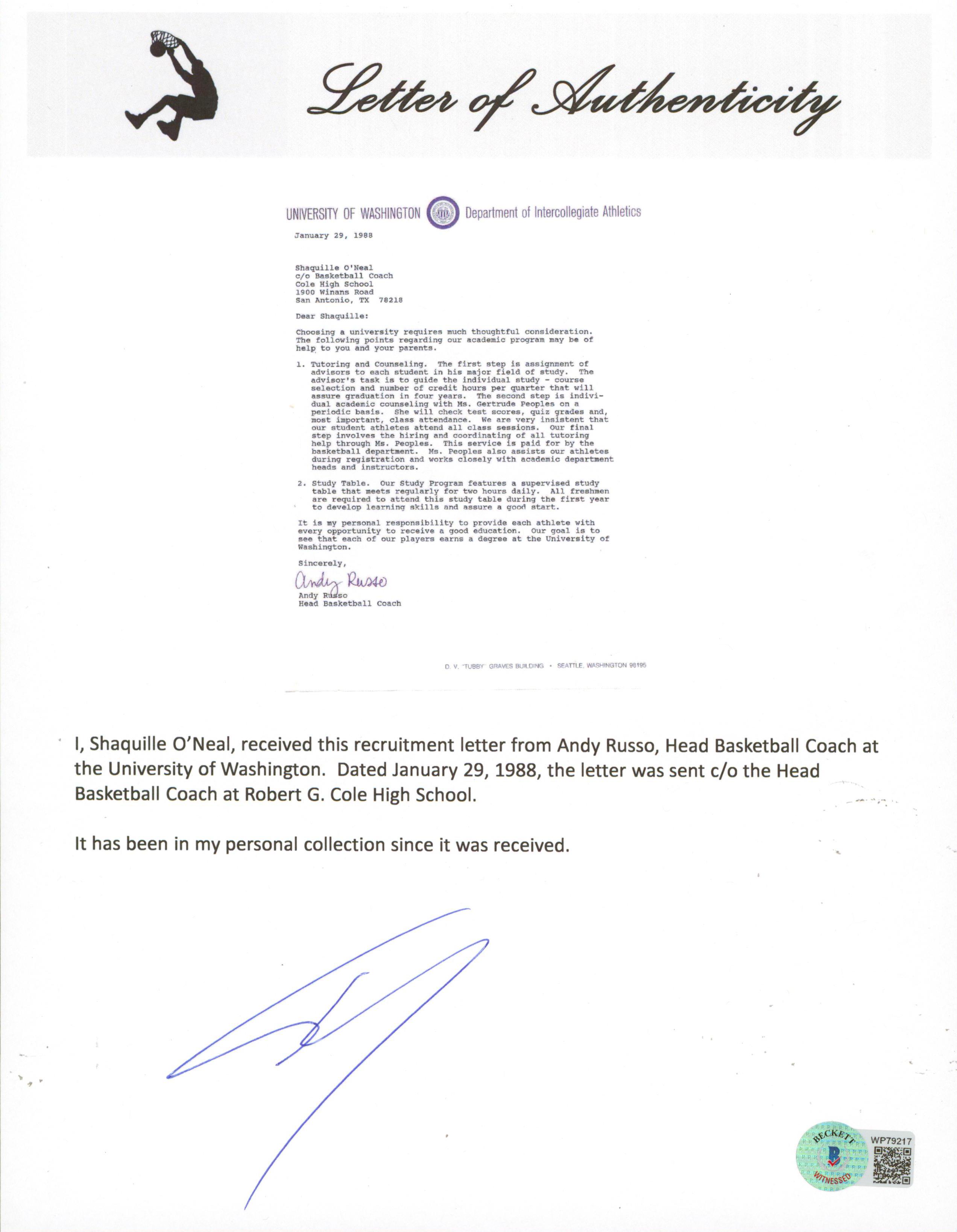 Shaquille O'Neal Signed 1988 Washington Huskies Recruitment Letter (Beckett) at PristineAuction.com Shaquille O'Neal Signed 1988 Washington Huskies Recruitment Letter (Beckett) at PristineAuction.com