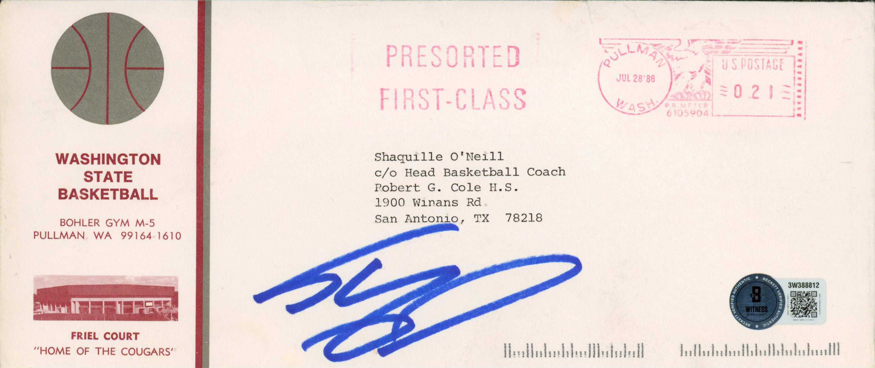 Shaquille O'Neal Signed 1988 Washington State Cougars Recruitment Letter & Envelope (Beckett) at PristineAuction.com Shaquille O'Neal Signed 1988 Washington State Cougars Recruitment Letter & Envelope (Beckett) at PristineAuction.com
